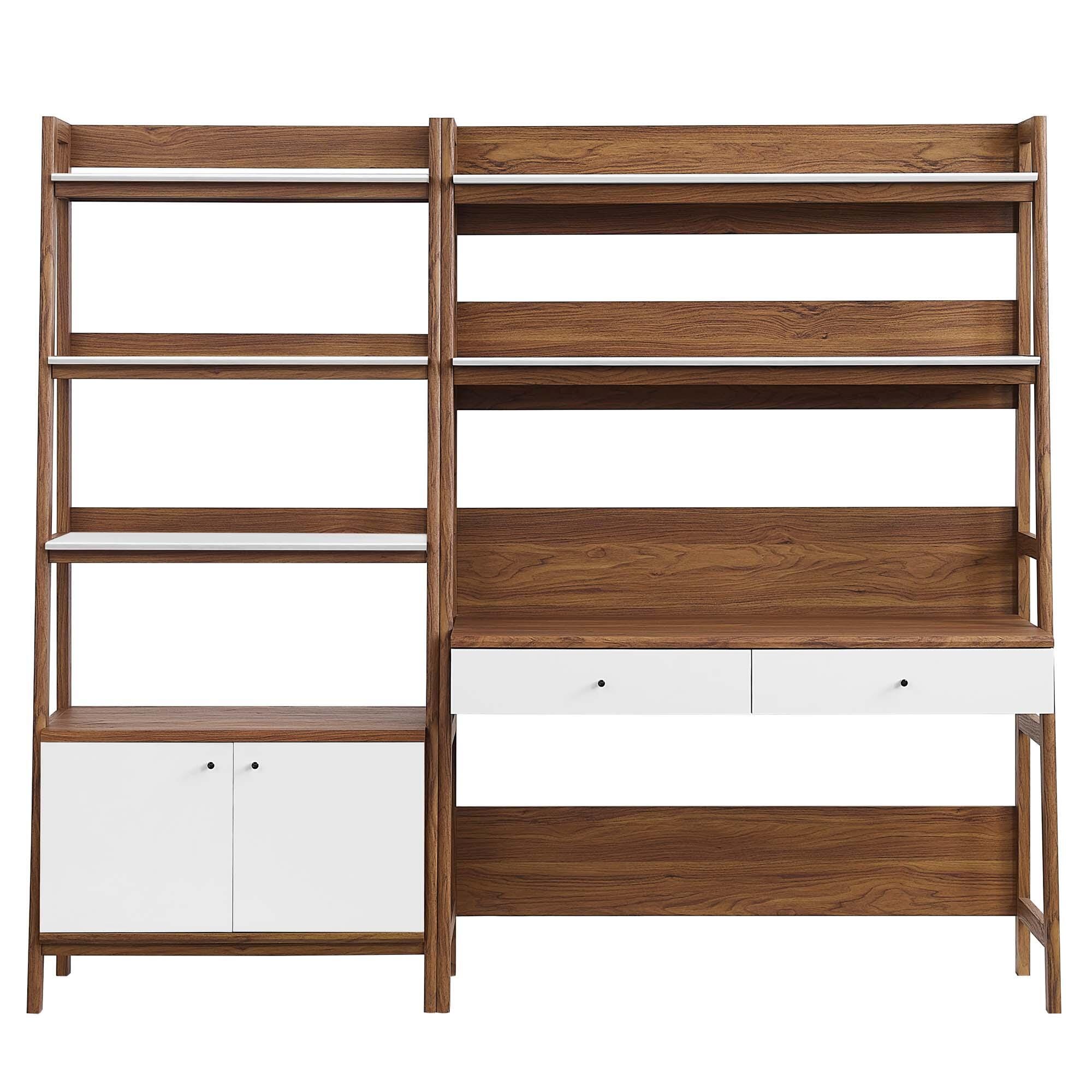 Modway Bixby Solid Home Office Desk and Bookcase, Walnut/White, large