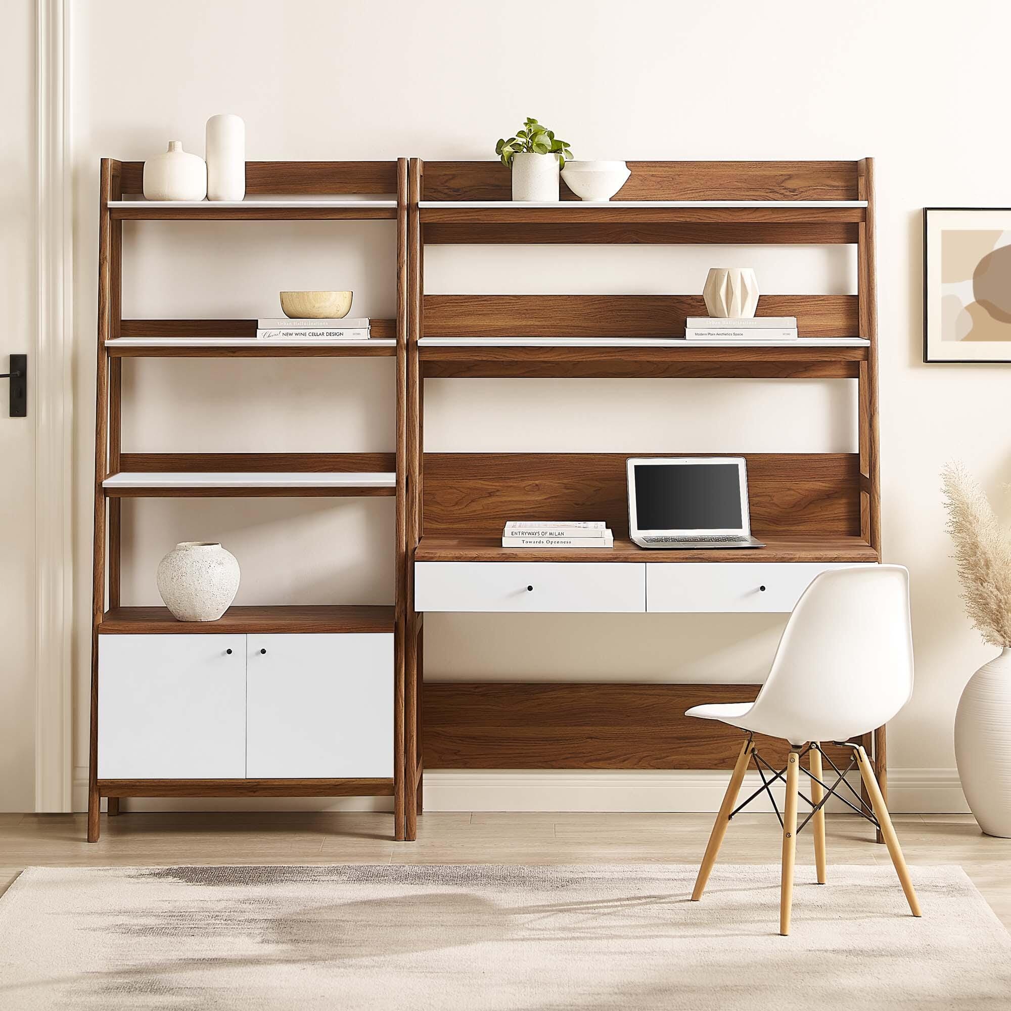 Modway Bixby Solid Home Office Desk and Bookcase, Walnut/White, large