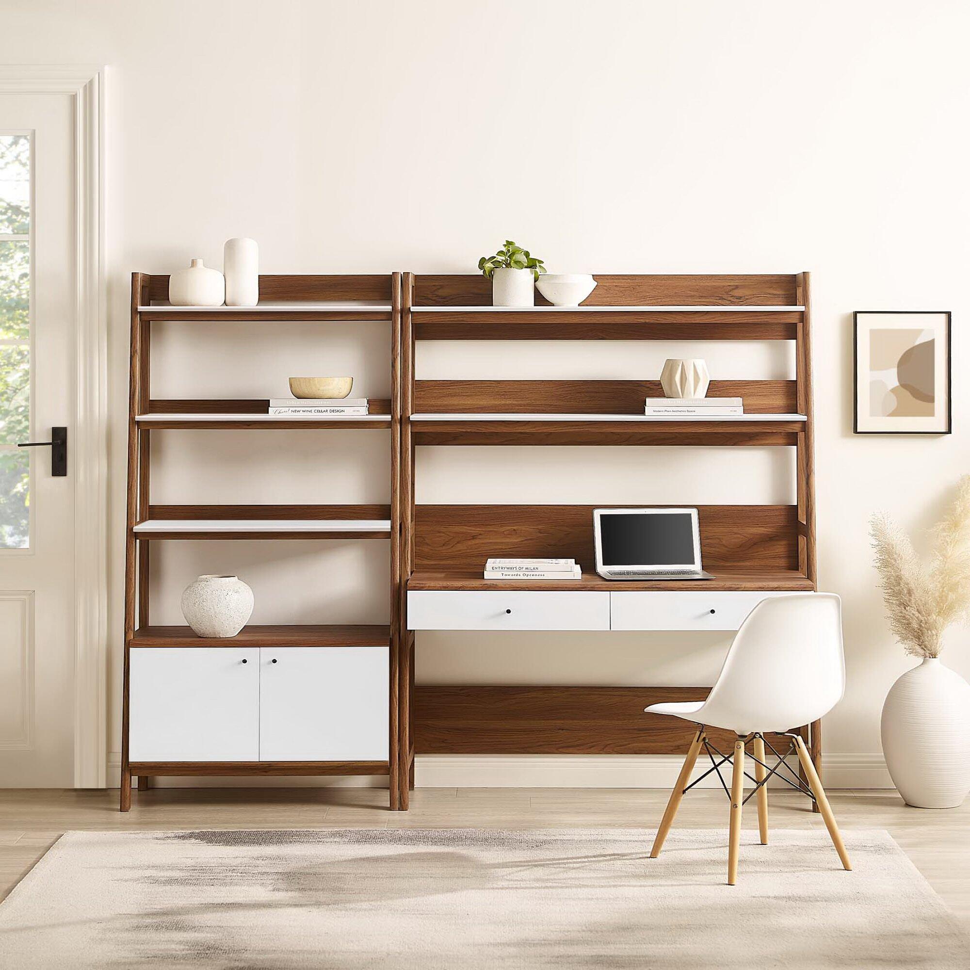 Modway Bixby Solid Home Office Desk and Bookcase, Walnut/White, large