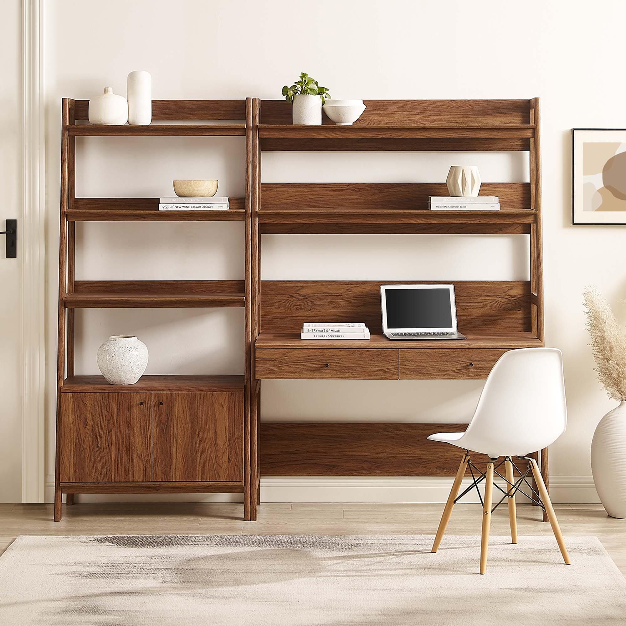 Modway Bixby Solid Home Office Desk and Bookcase, Walnut, large