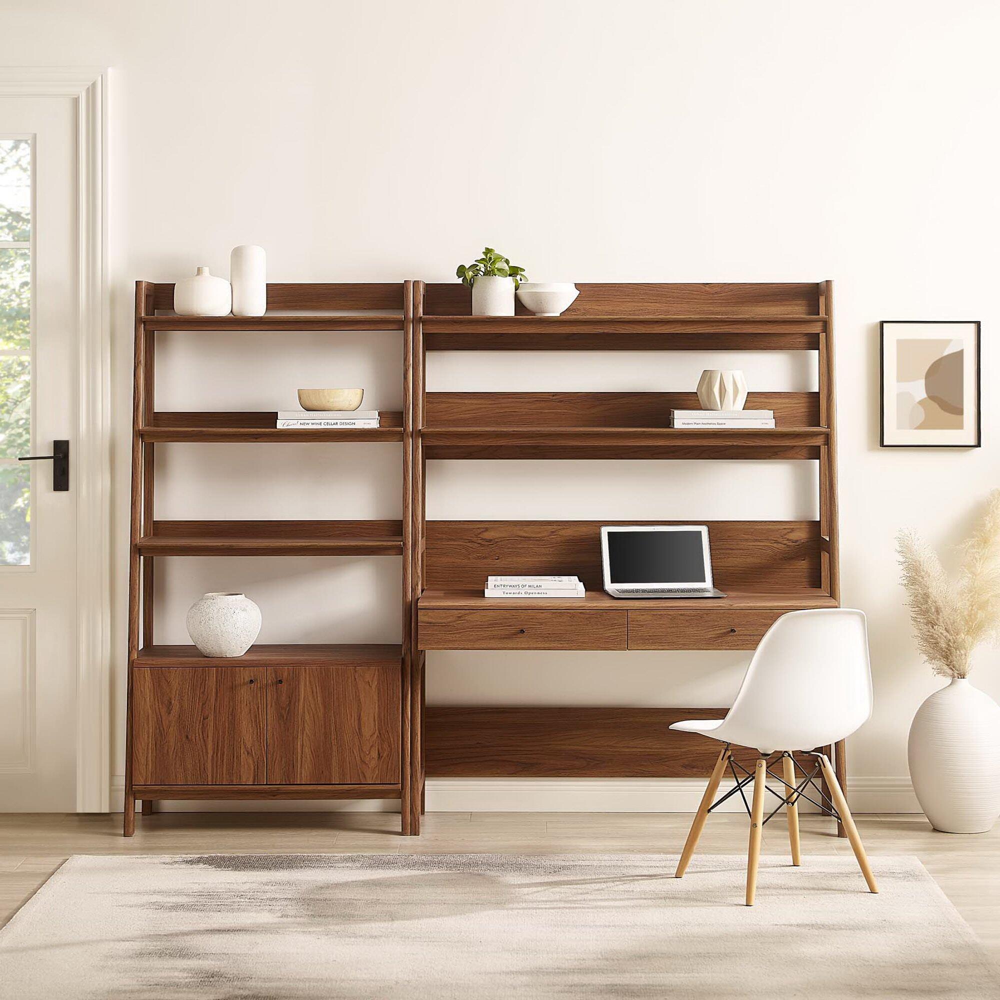 Modway Bixby Solid Home Office Desk and Bookcase, Walnut, large
