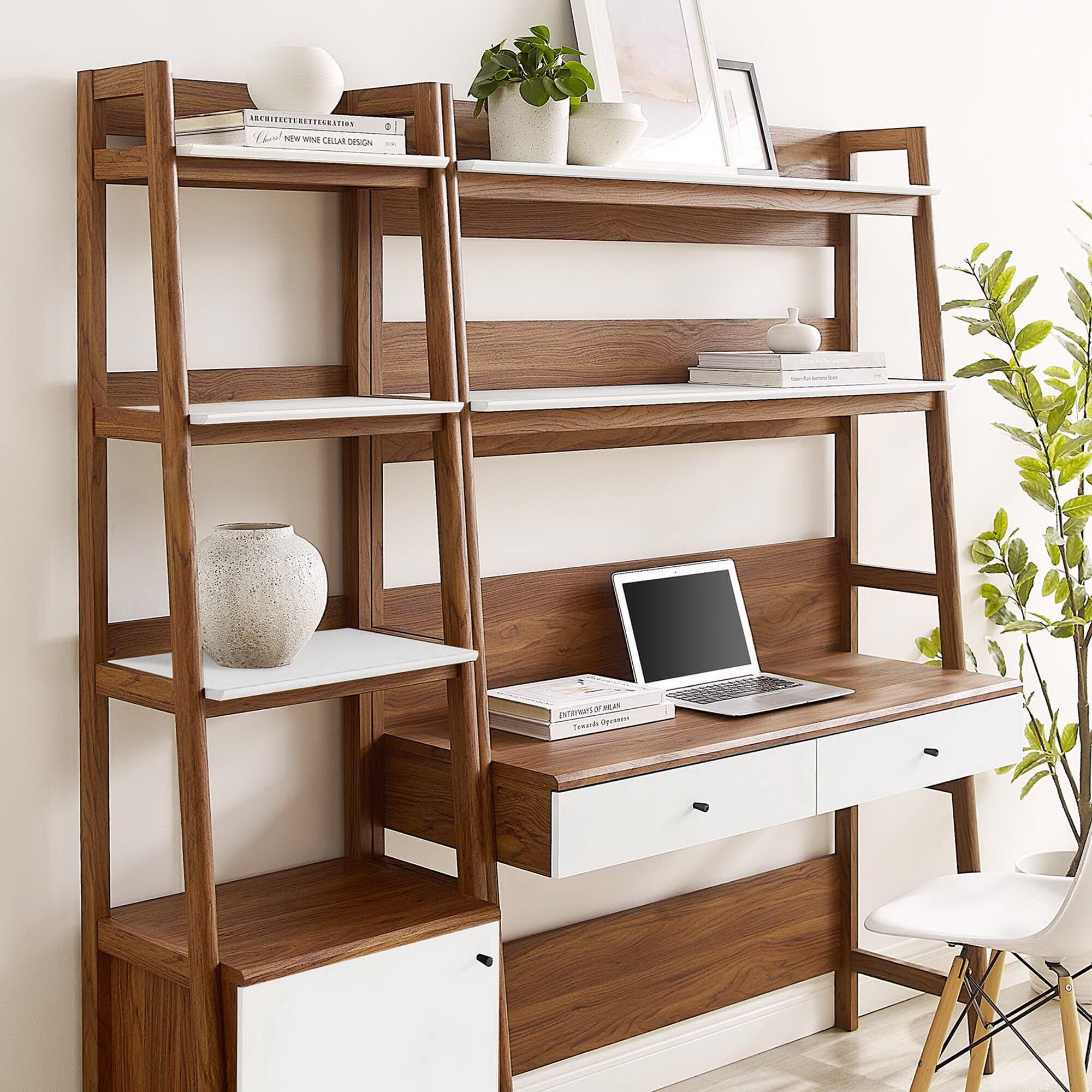 Modway Bixby Home Office Desk and Bookcase, Walnut/White, rollover