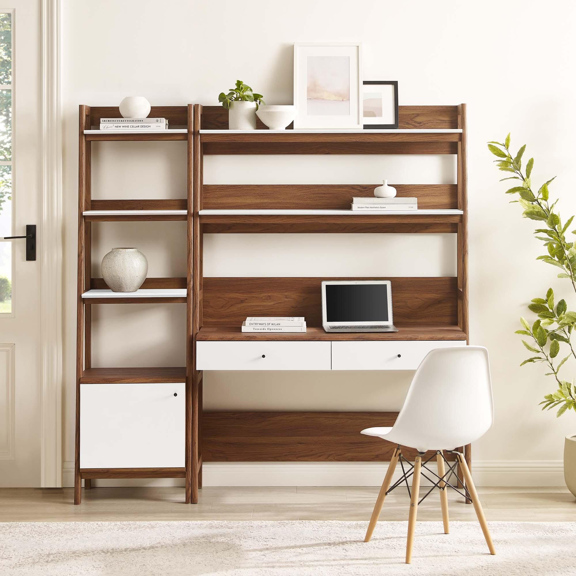 Modway Bixby Home Office Desk and Bookcase, Walnut/White, large