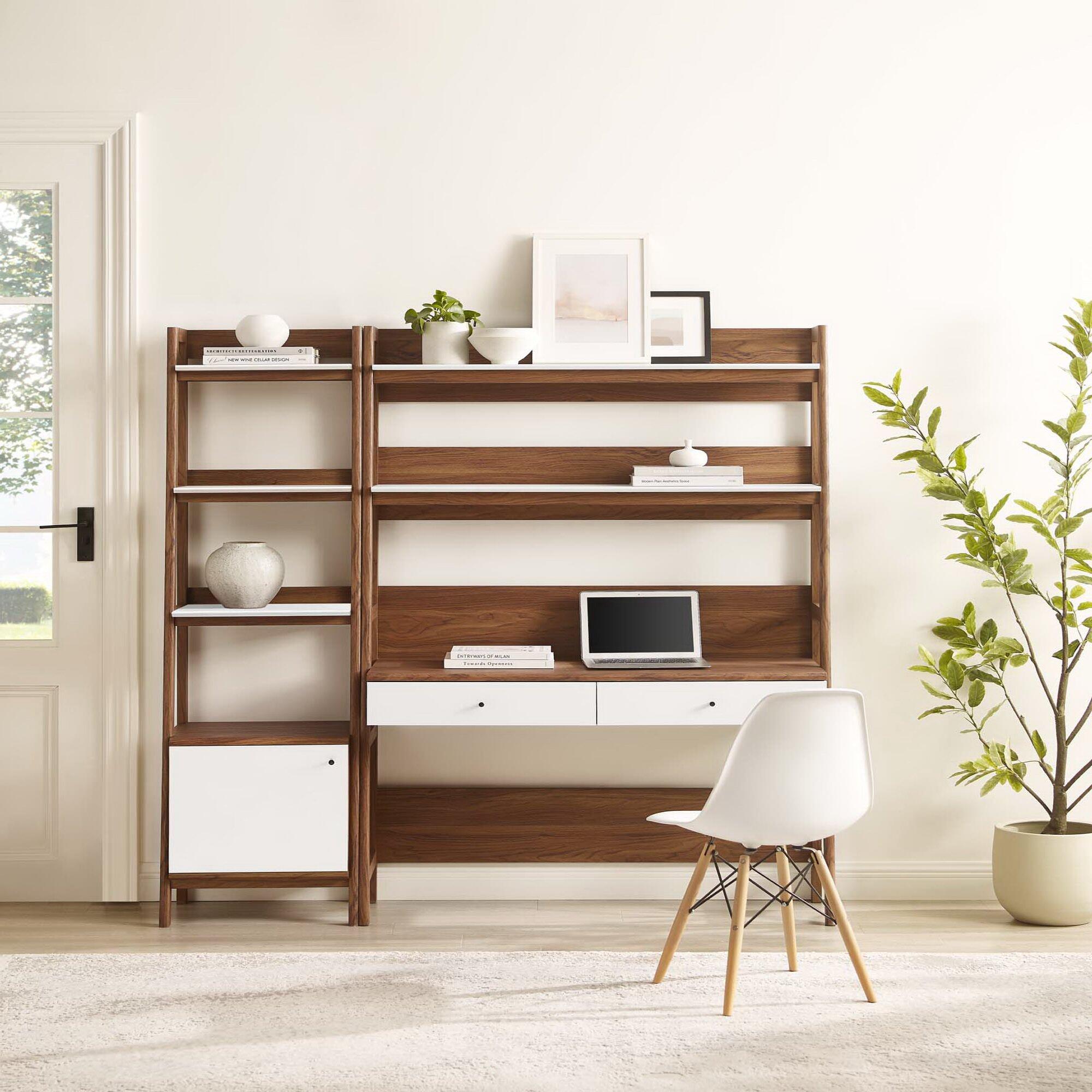 Modway Bixby Home Office Desk and Bookcase, Walnut/White, large