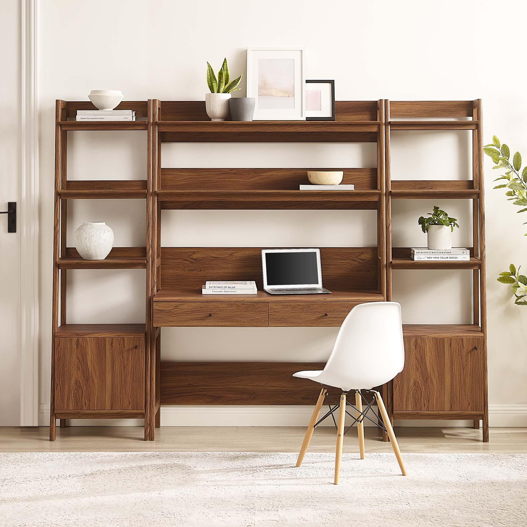 Modway Bixby Tiered Home Office Desk and Bookcase, Walnut, large