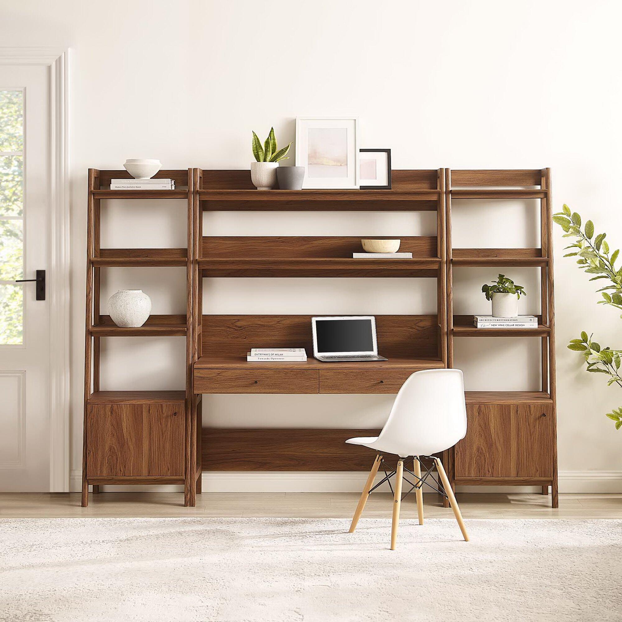 Modway Bixby Tiered Home Office Desk and Bookcase, Walnut, large