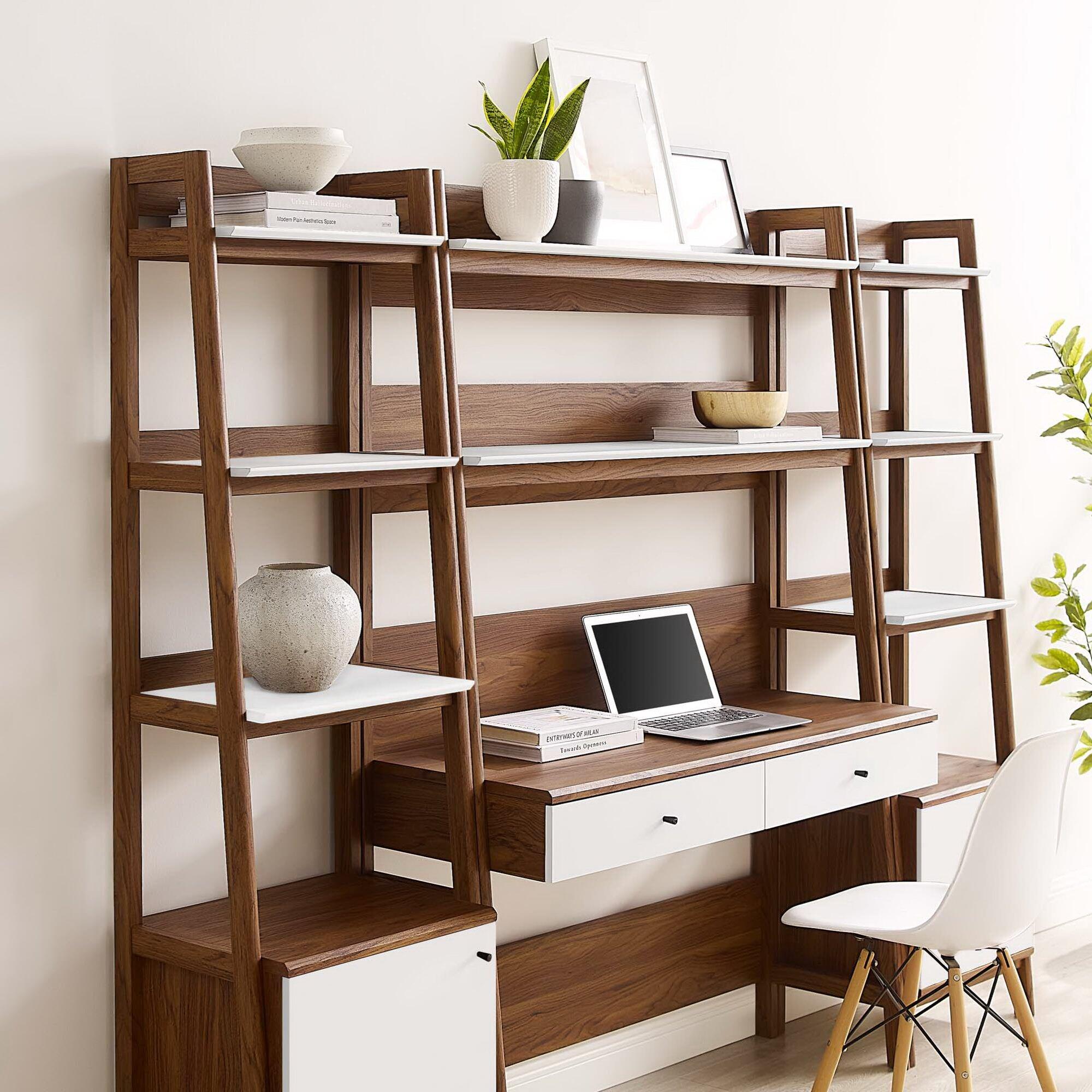 Modway Bixby Tiered Home Office Desk and Bookcase, Walnut/White, large