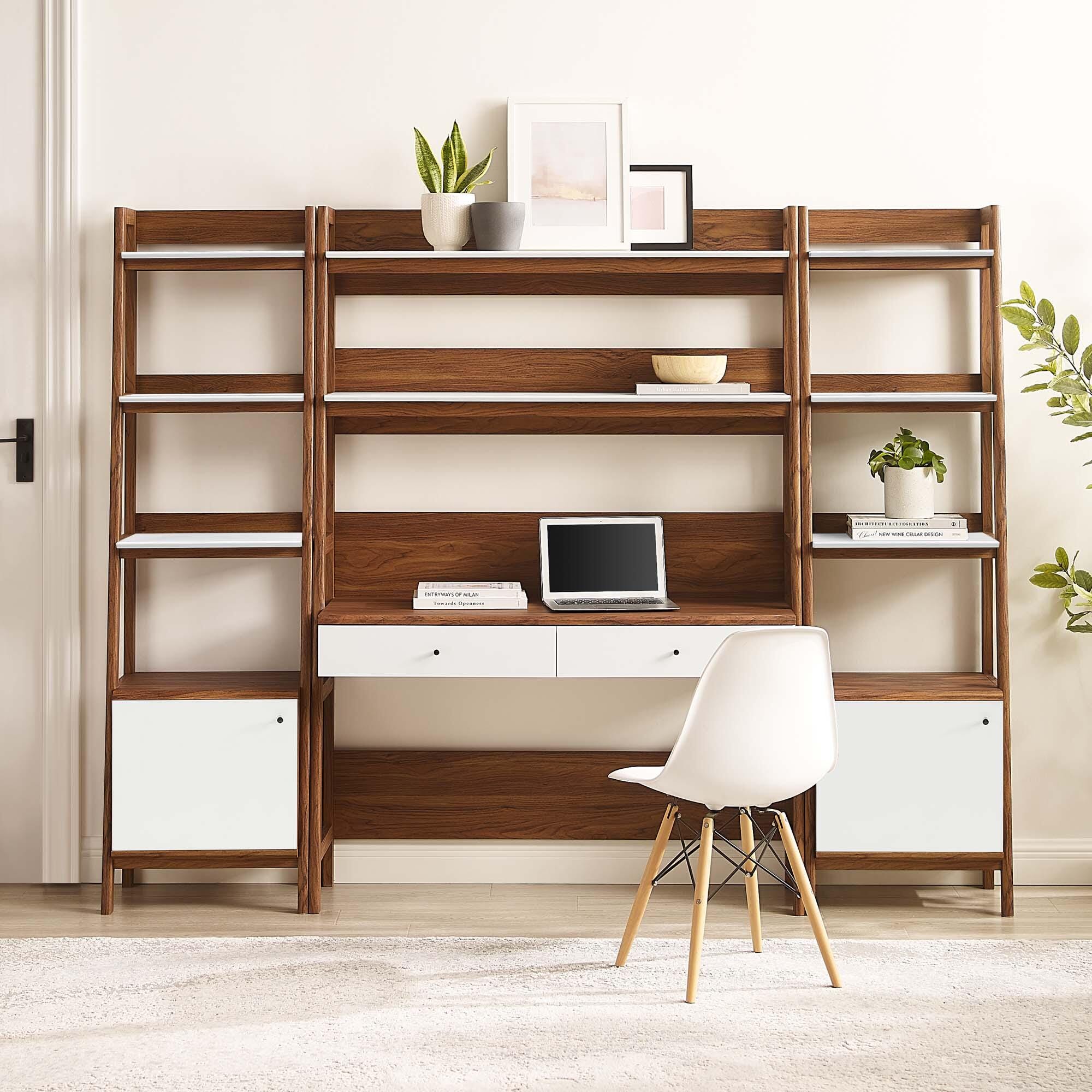 Modway Bixby Tiered Home Office Desk and Bookcase, Walnut/White, large
