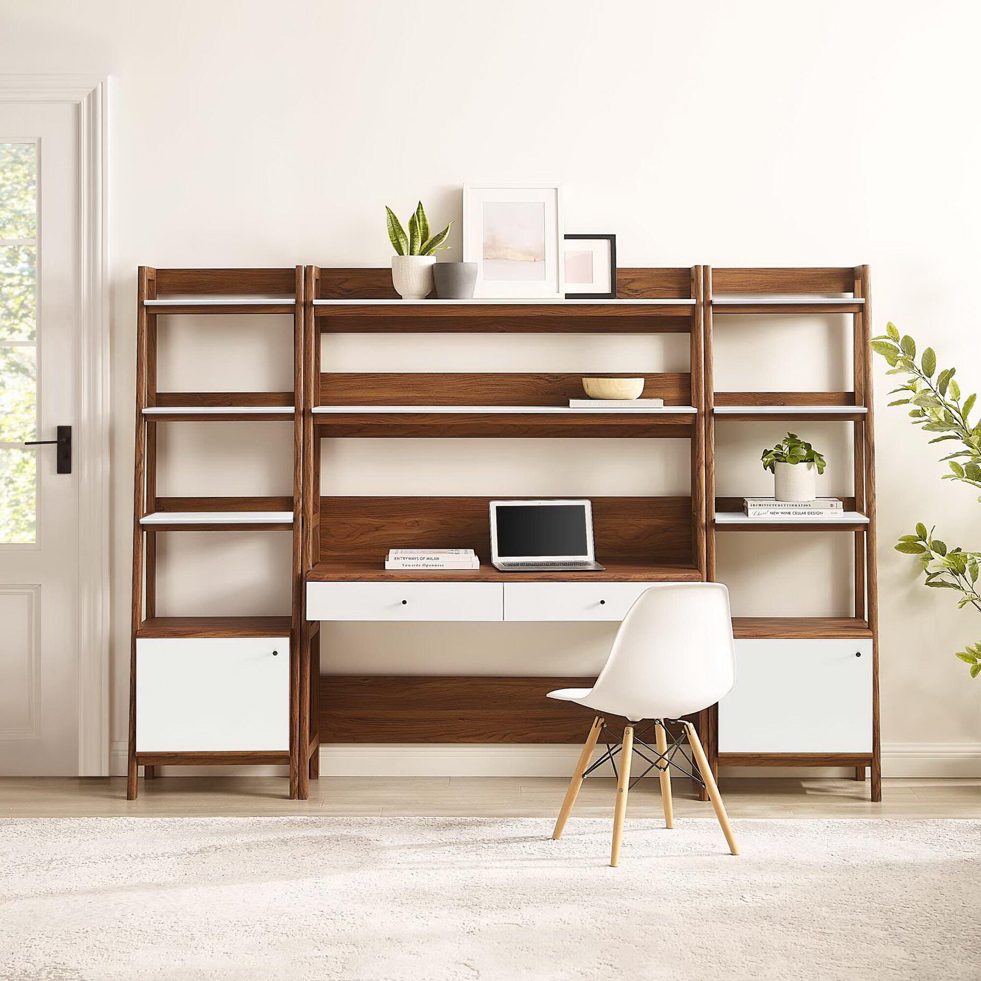 Modway Bixby Tiered Home Office Desk and Bookcase, Walnut/White, large