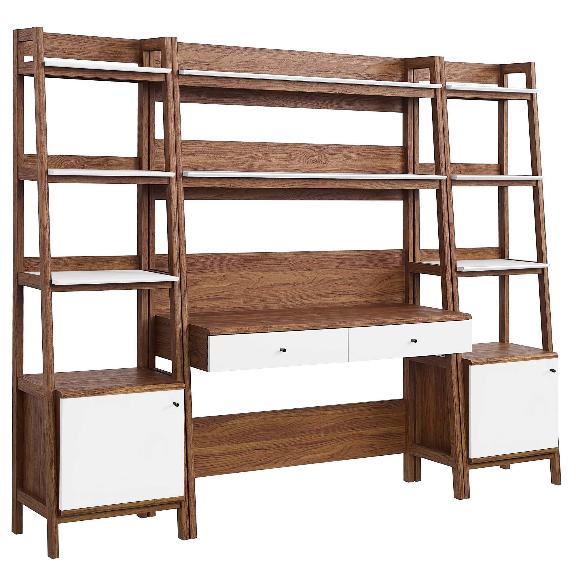 Modway Bixby Tiered Home Office Desk and Bookcase, Walnut/White, large