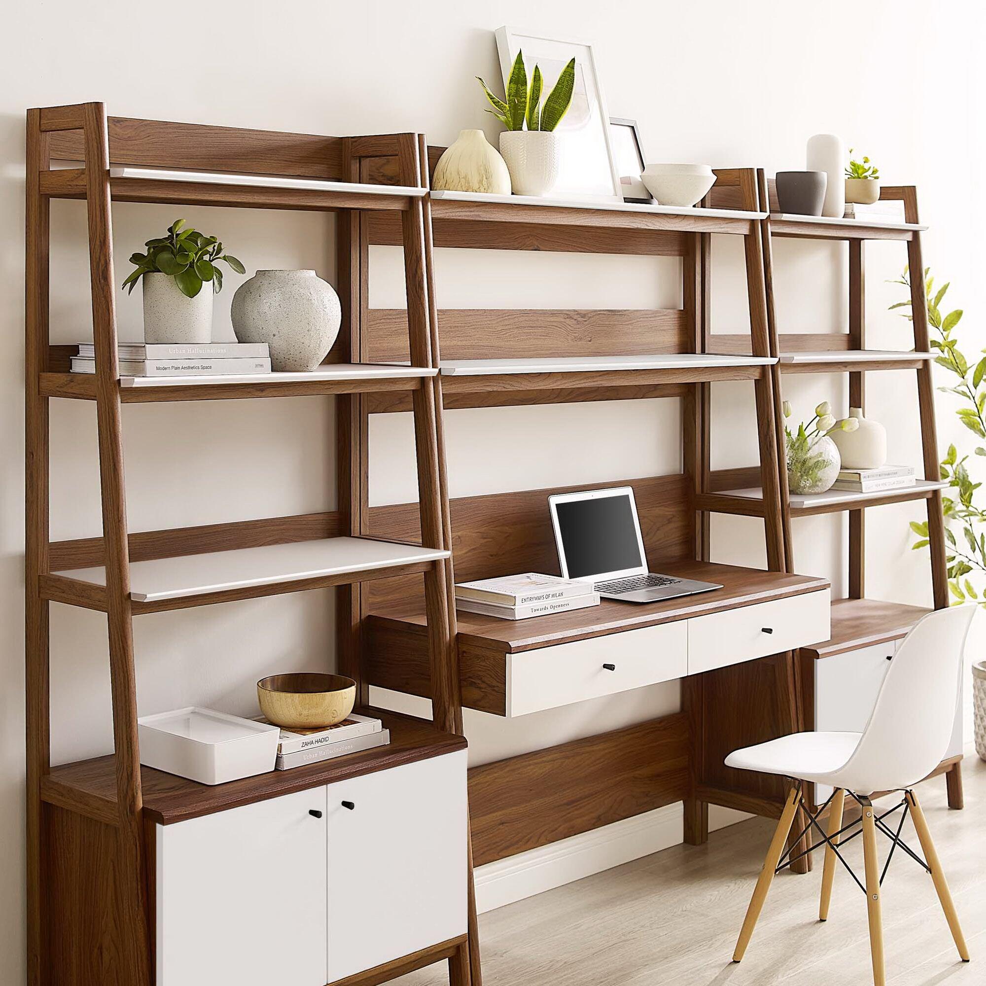 Modway Bixby Home Office Desk and Bookcase, Walnut/White, rollover