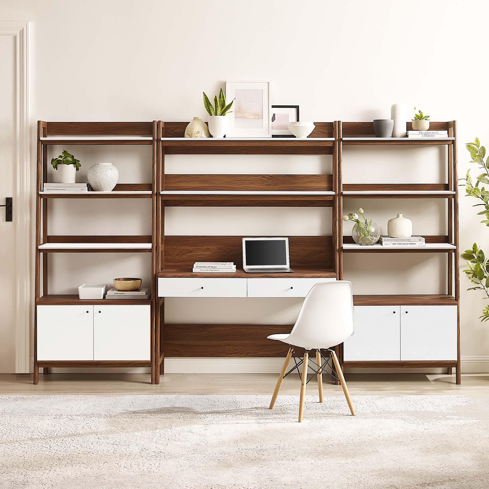 Modway Bixby Home Office Desk and Bookcase, Walnut/White, large