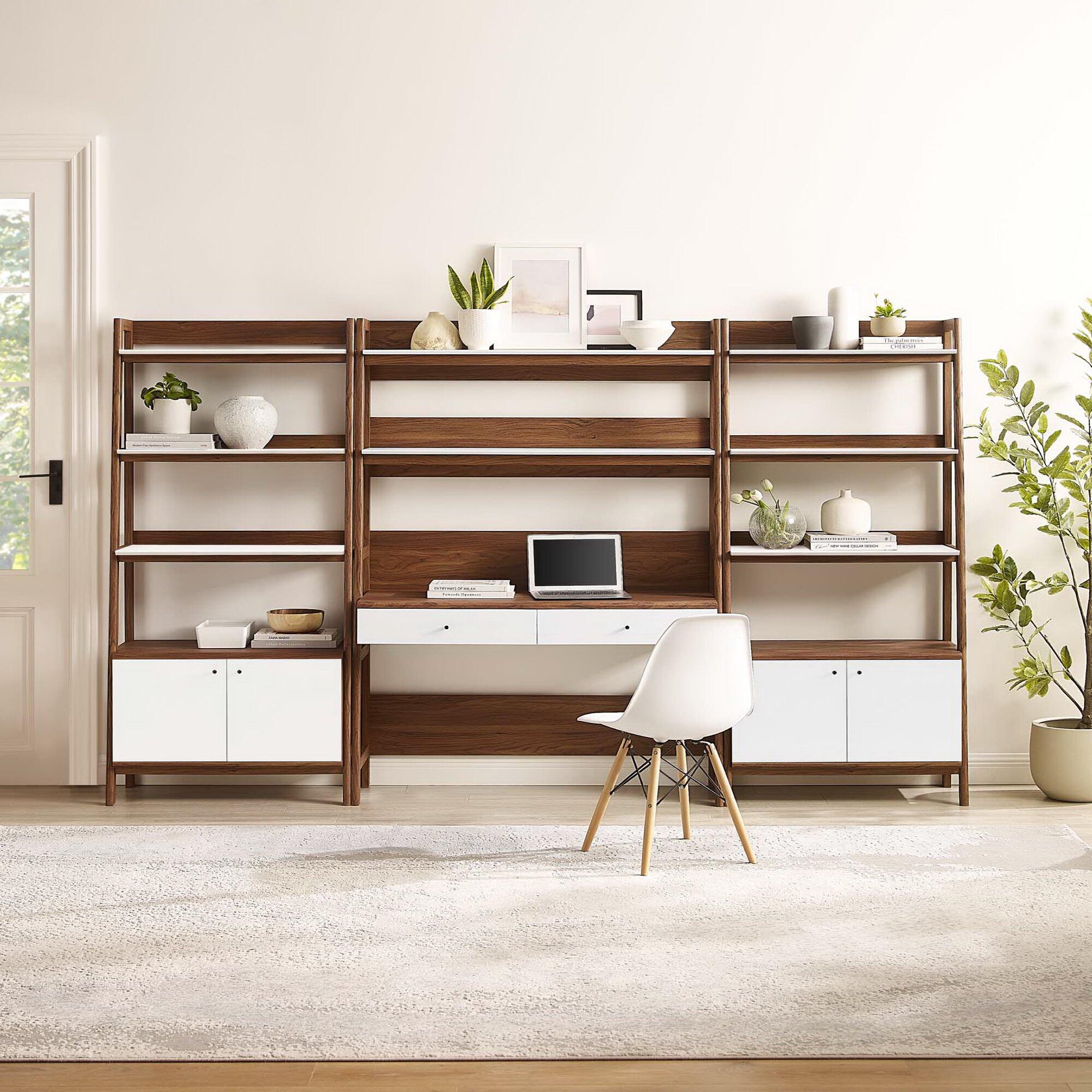 Modway Bixby Home Office Desk and Bookcase, Walnut/White, large