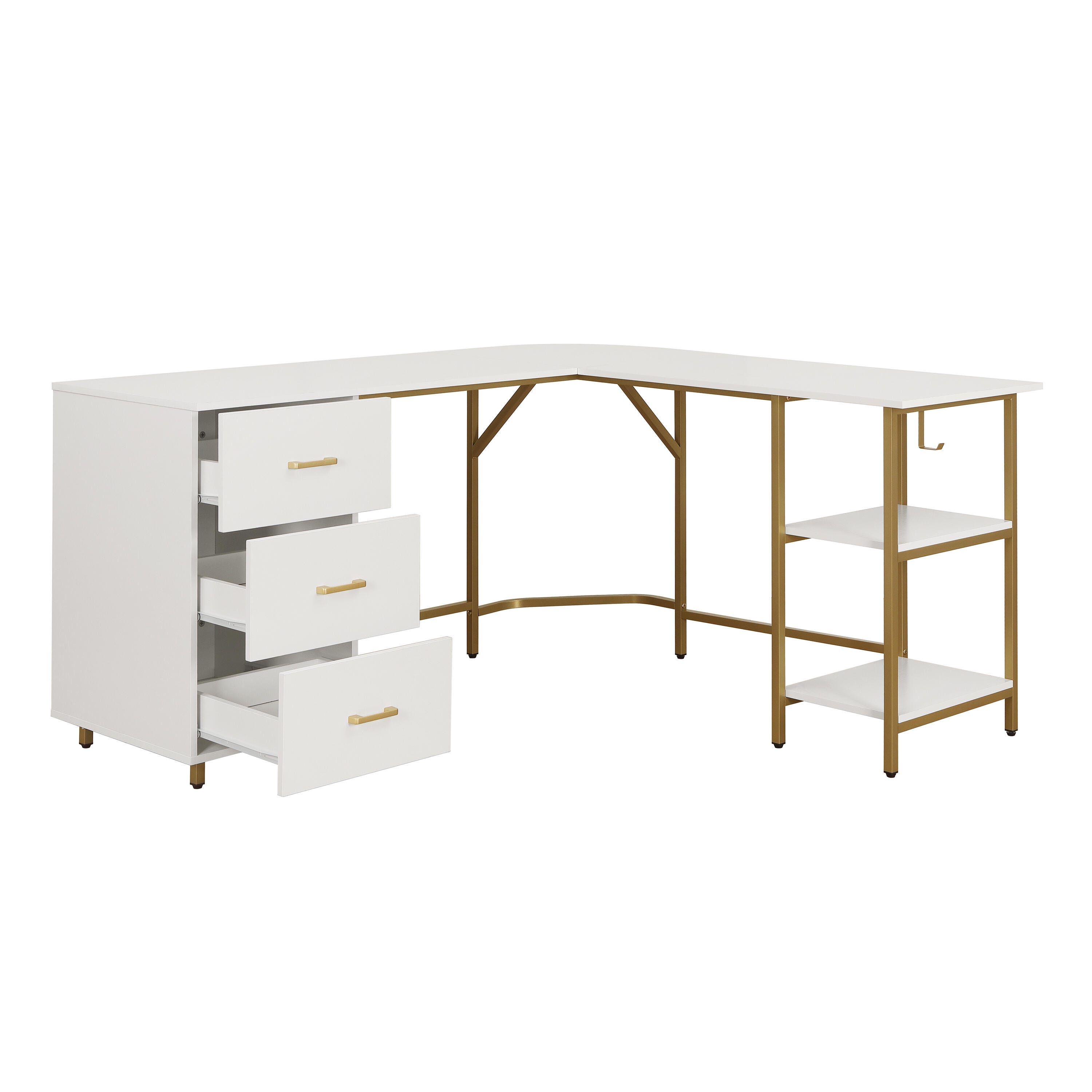 Techni Mobili L-Shape Home Office Desk with Storage, Gold, Gold, large