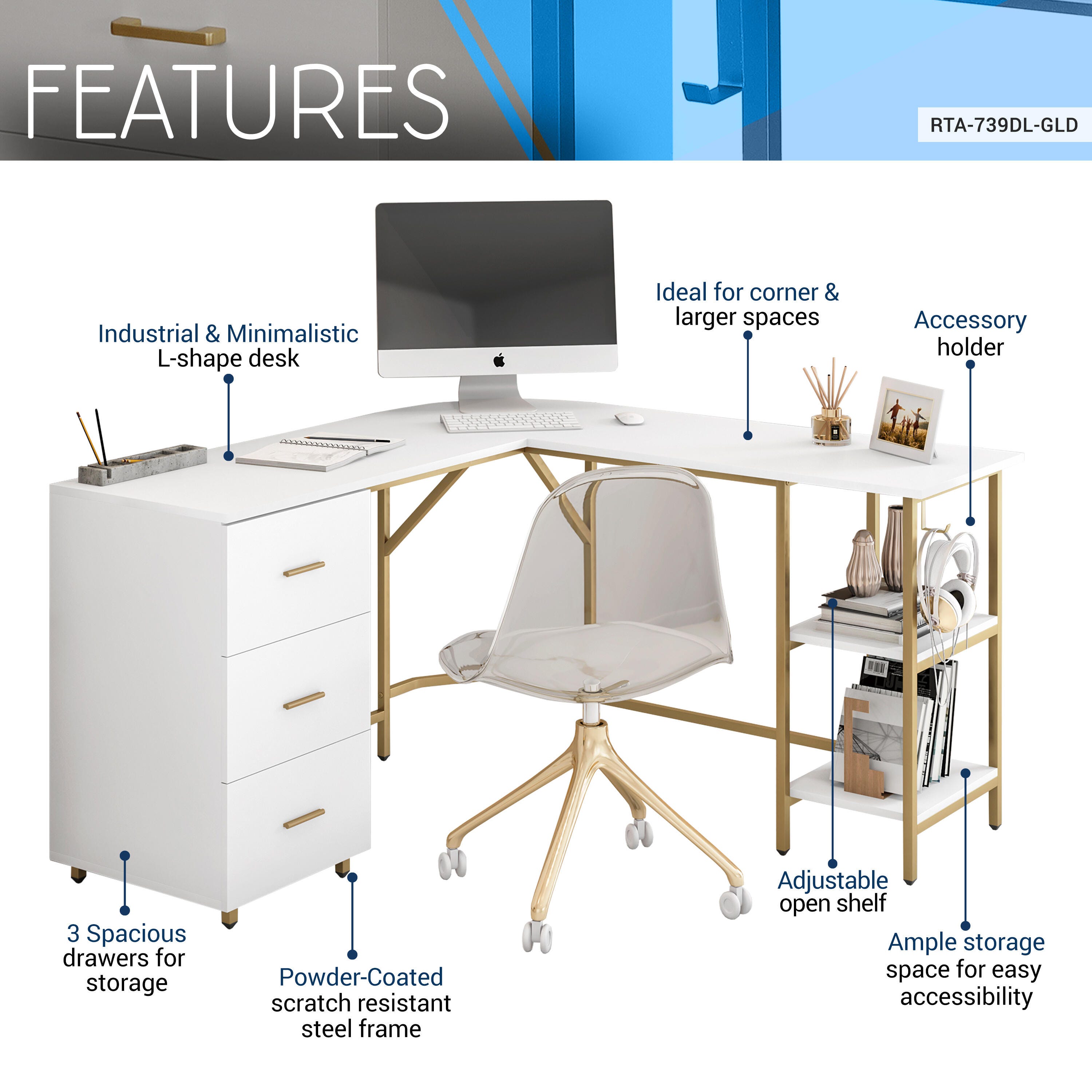 Techni Mobili L-Shape Home Office Desk with Storage, Gold, Gold, large