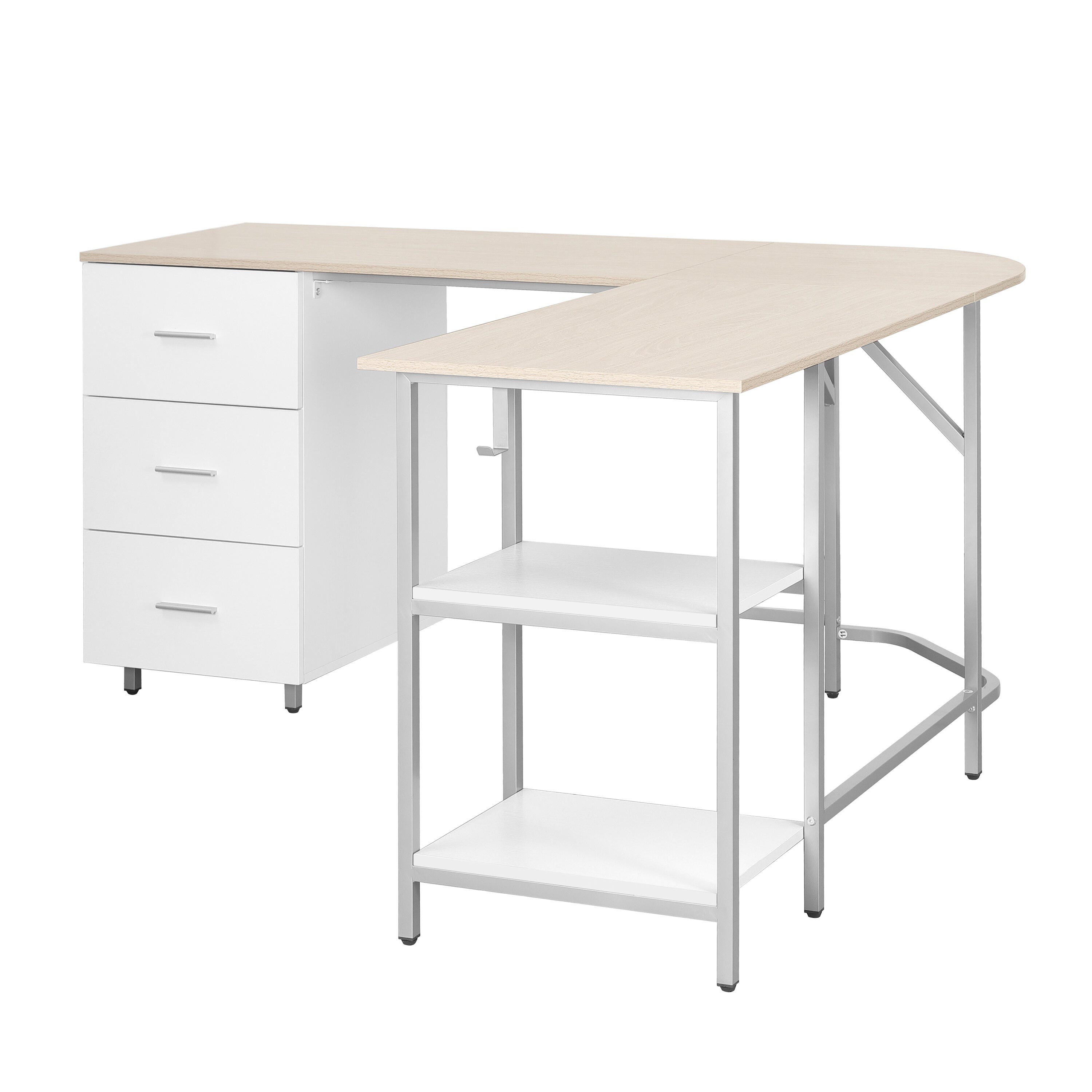 Techni Mobili L-Shape Home Office Desk with Storage, Sand, Sand, large