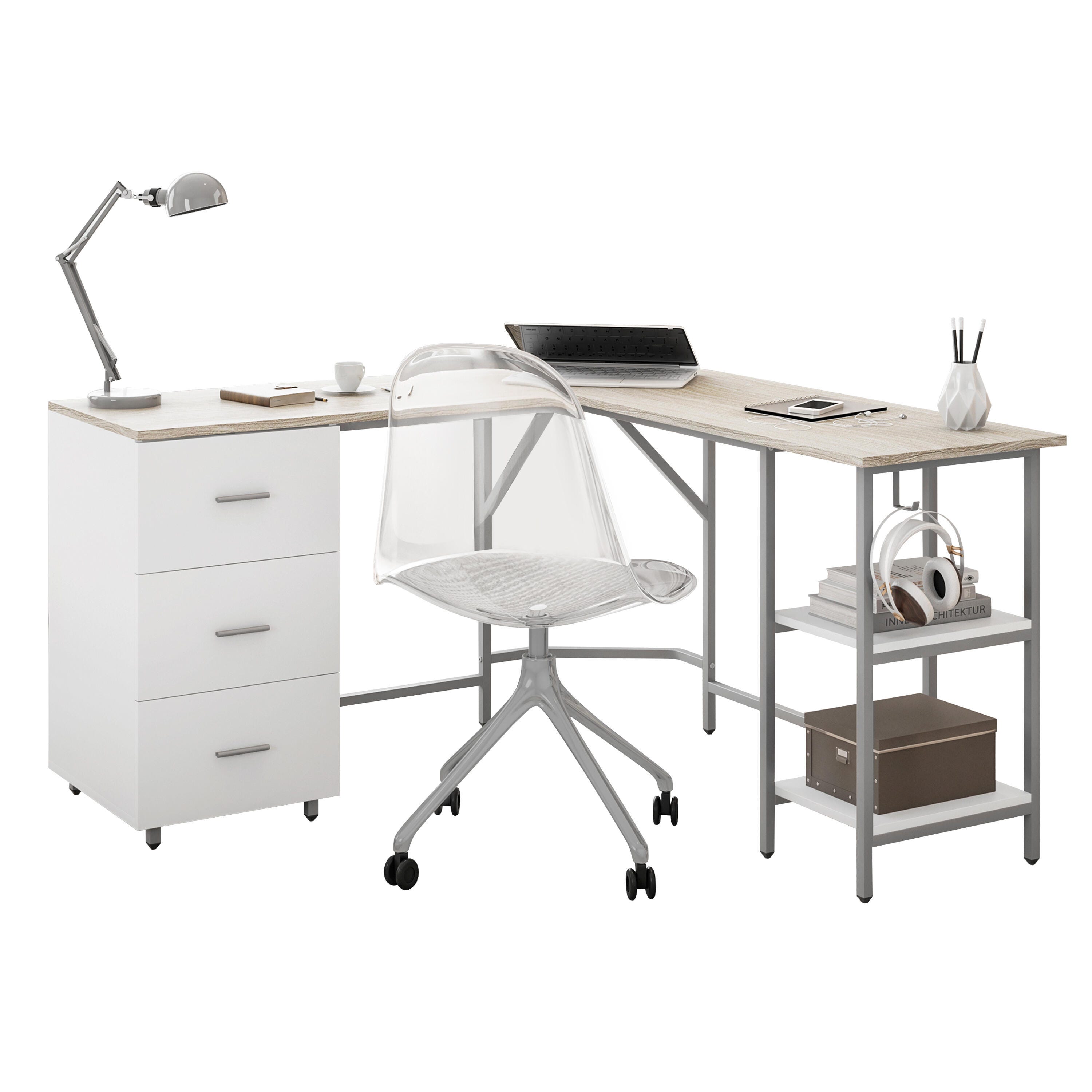 Techni Mobili L-Shape Home Office Desk with Storage, Sand, Sand, large