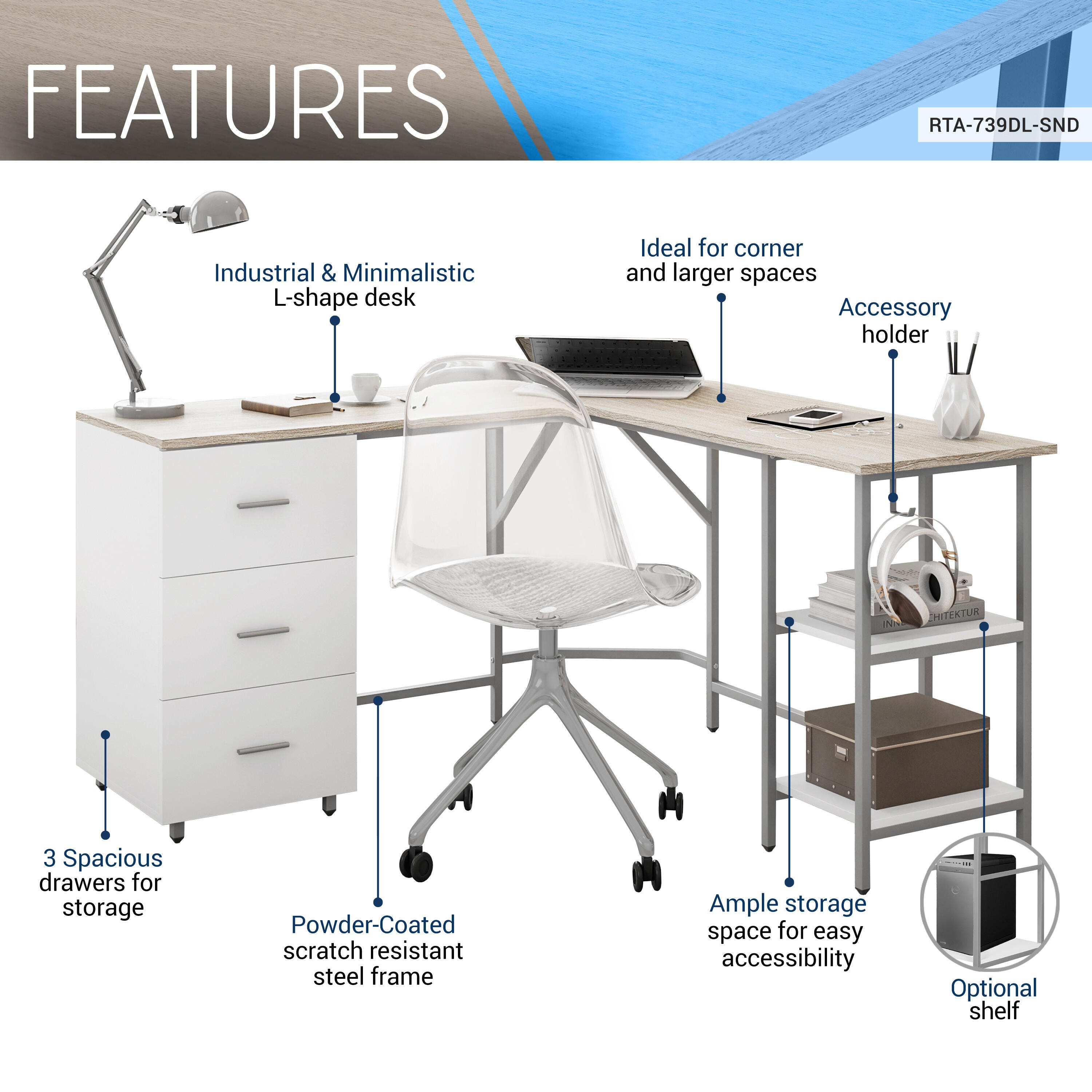 Techni Mobili L-Shape Home Office Desk with Storage, Sand, Sand, large