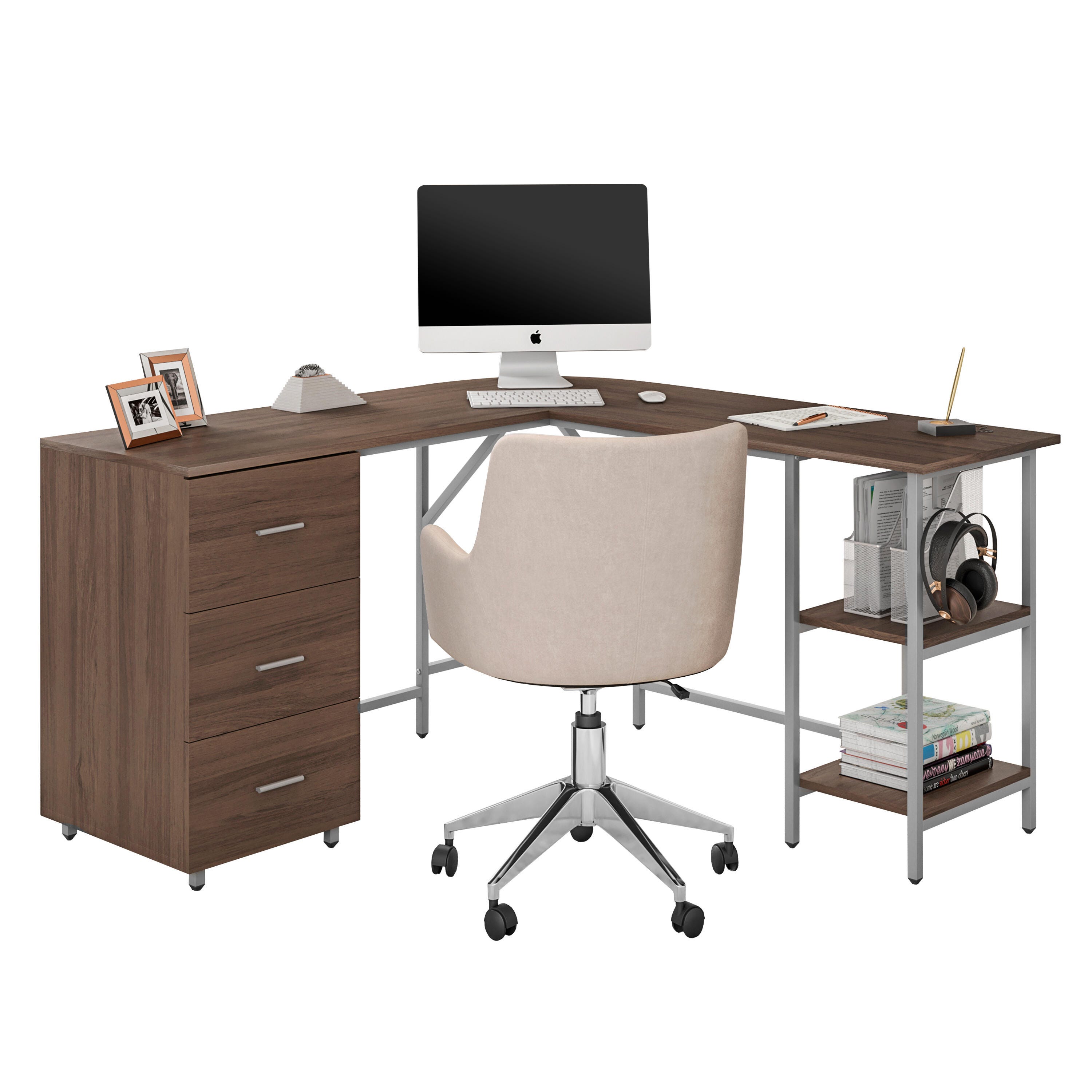 Techni Mobili L-Shape Home Office Desk with Storage, Walnut, Walnut, large