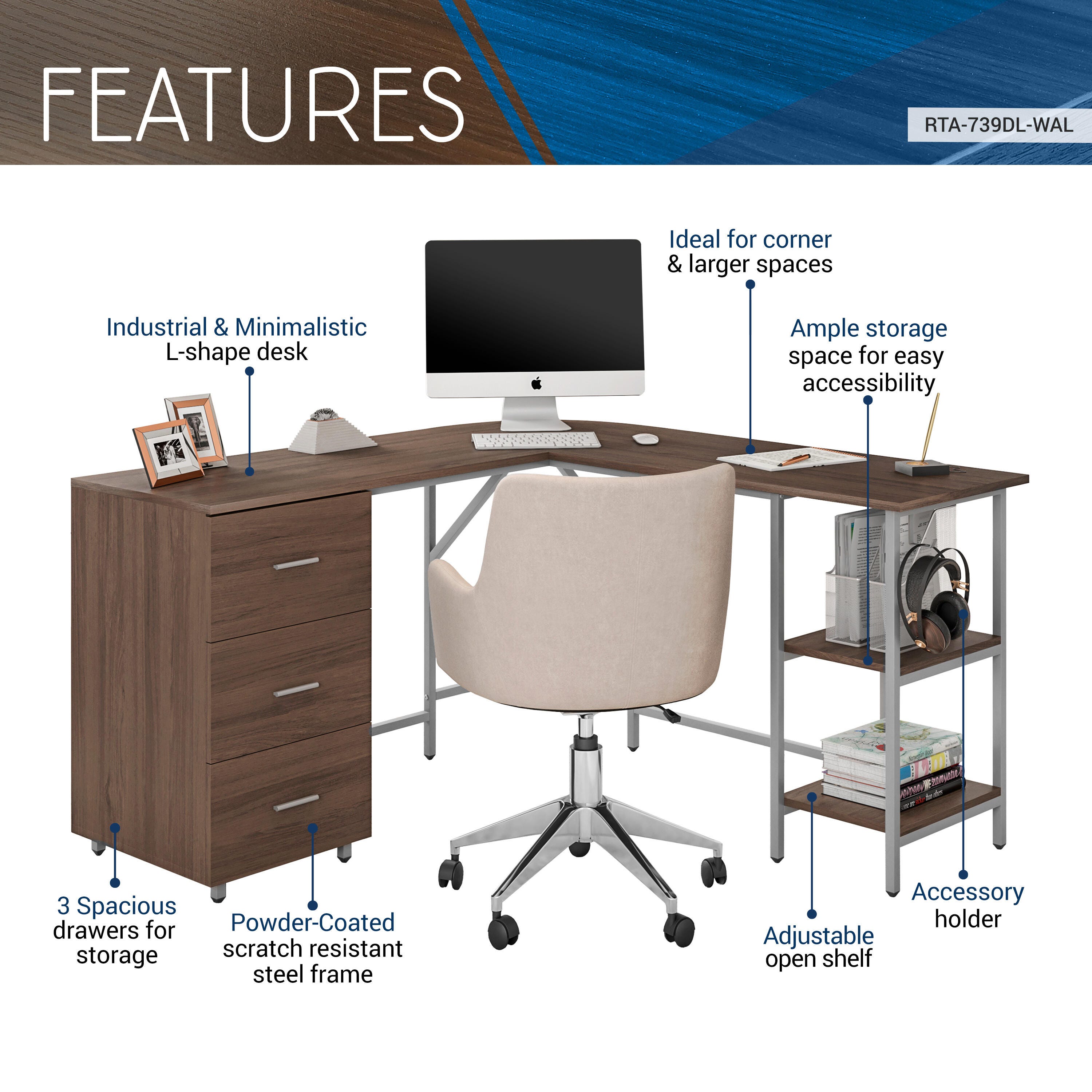 Techni Mobili L-Shape Home Office Desk with Storage, Walnut, Walnut, large