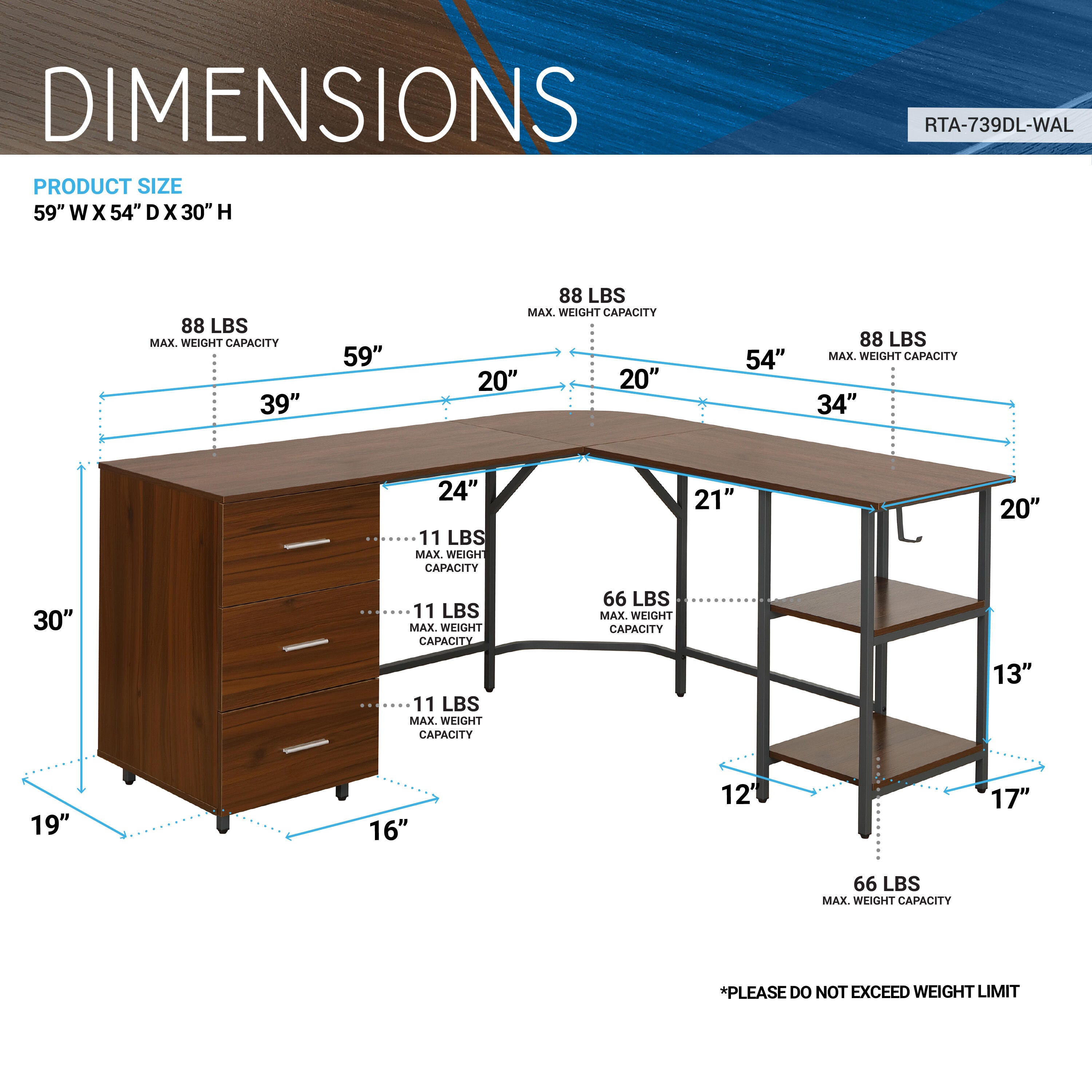 Techni Mobili L-Shape Home Office Desk with Storage, Walnut, Walnut, large