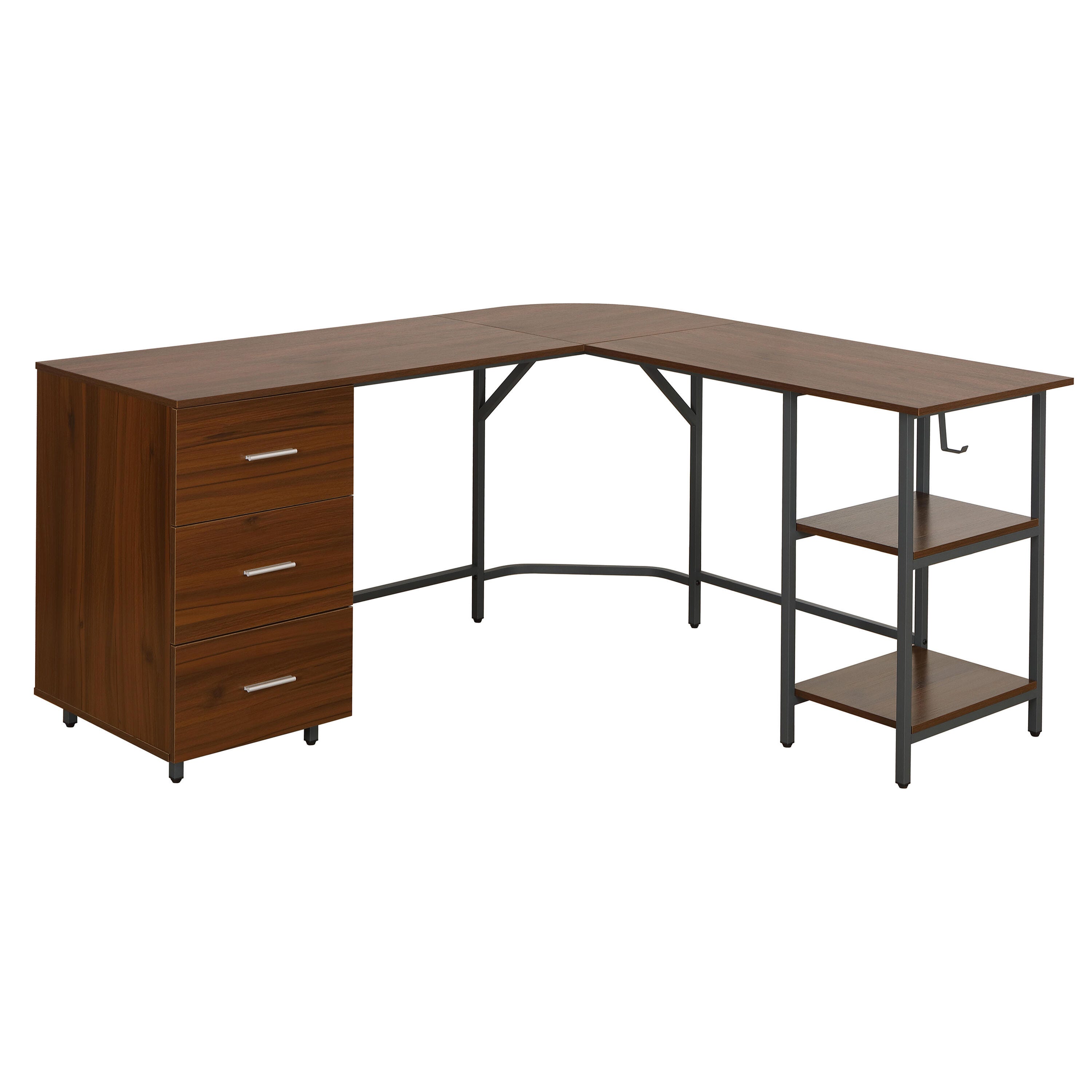 Techni Mobili L-Shape Home Office Desk with Storage, Walnut, Walnut, large