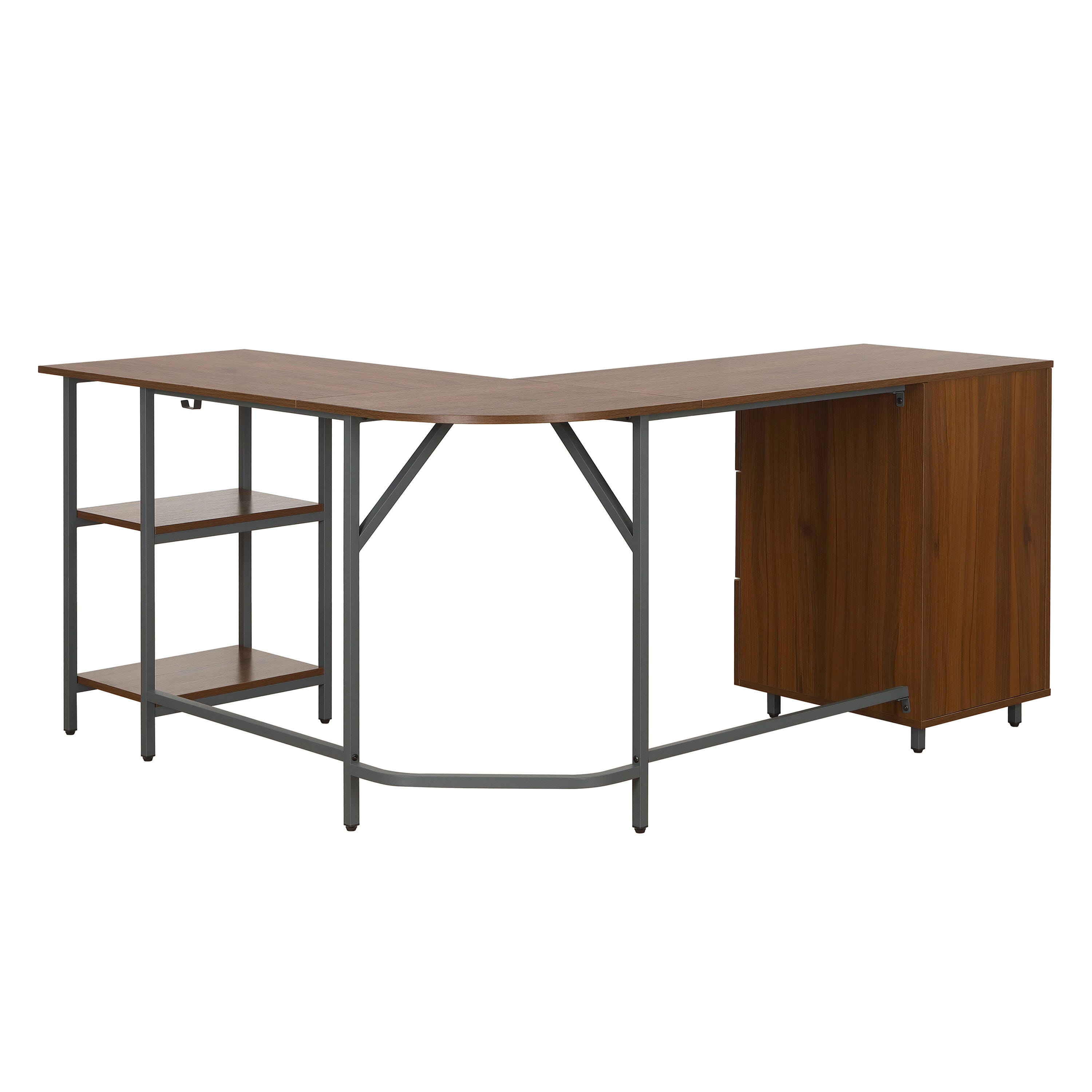 Techni Mobili L-Shape Home Office Desk with Storage, Walnut, Walnut, large