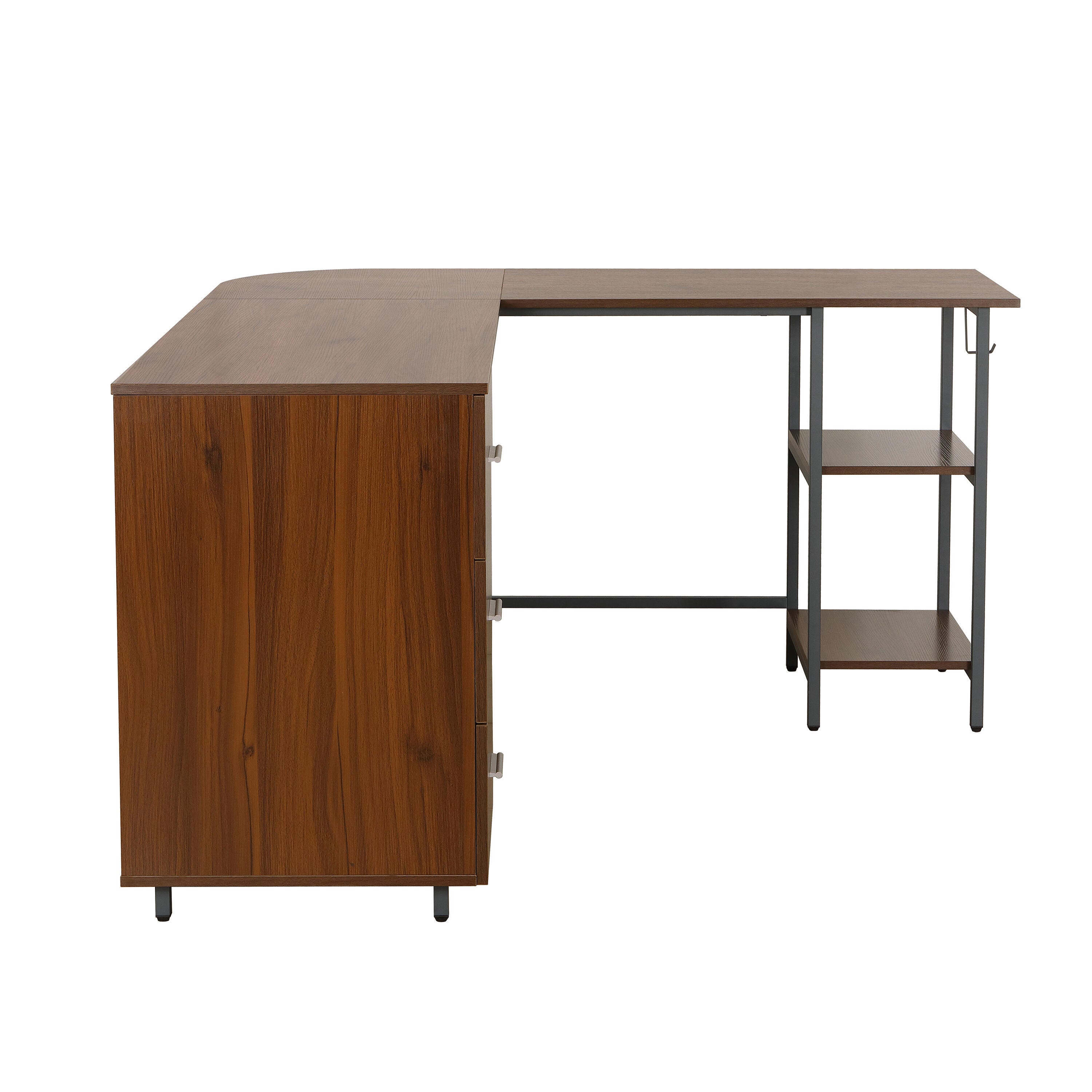 Techni Mobili L-Shape Home Office Desk with Storage, Walnut, Walnut, large