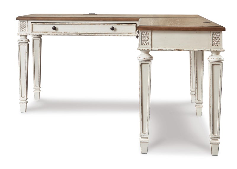 Realyn 60" L-Shaped Home Office Desk with USB Charging, White/Brown