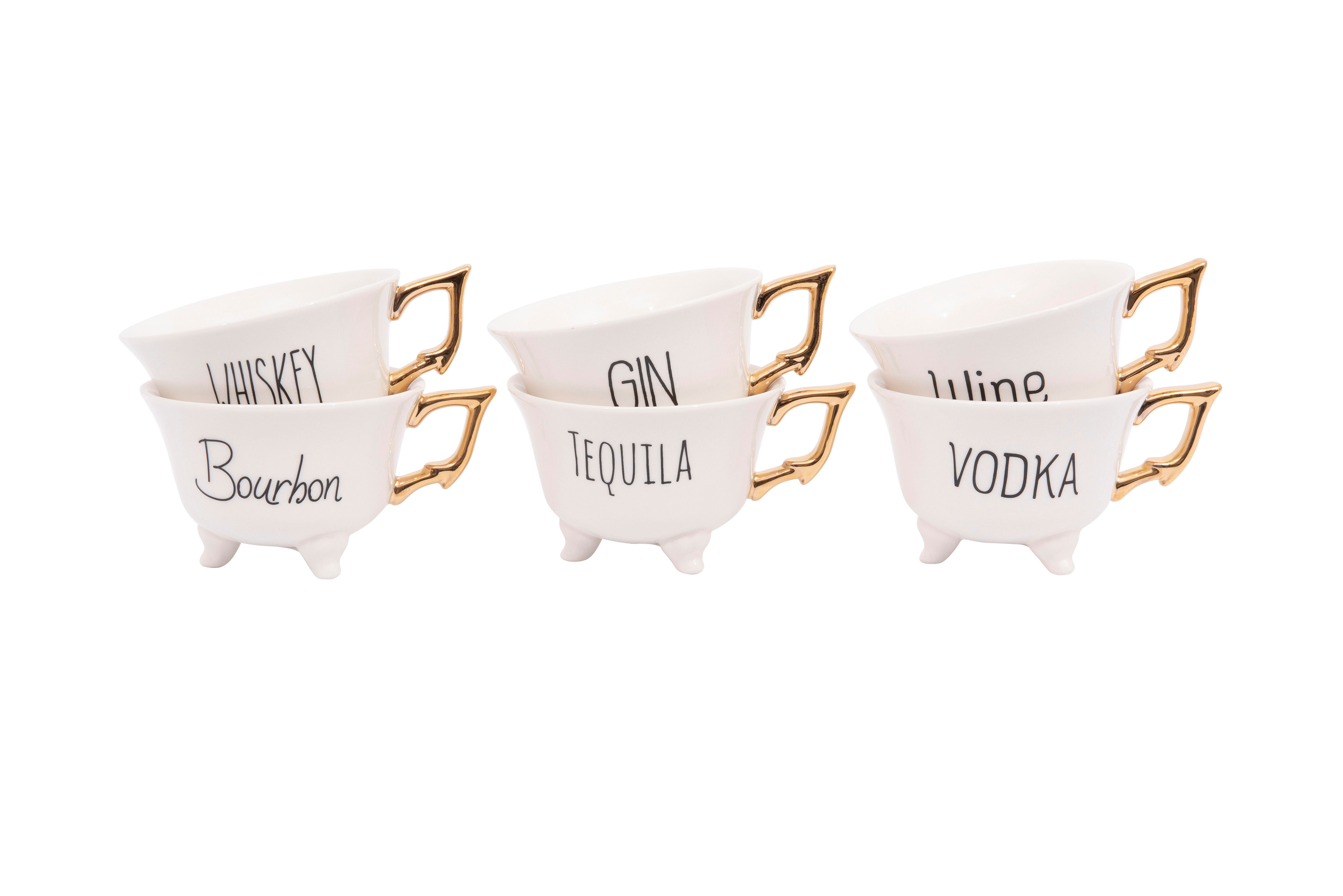 Stoneware Footed Teacup With Saying And Gold Electroplating, Set Of 6 Styles, , large