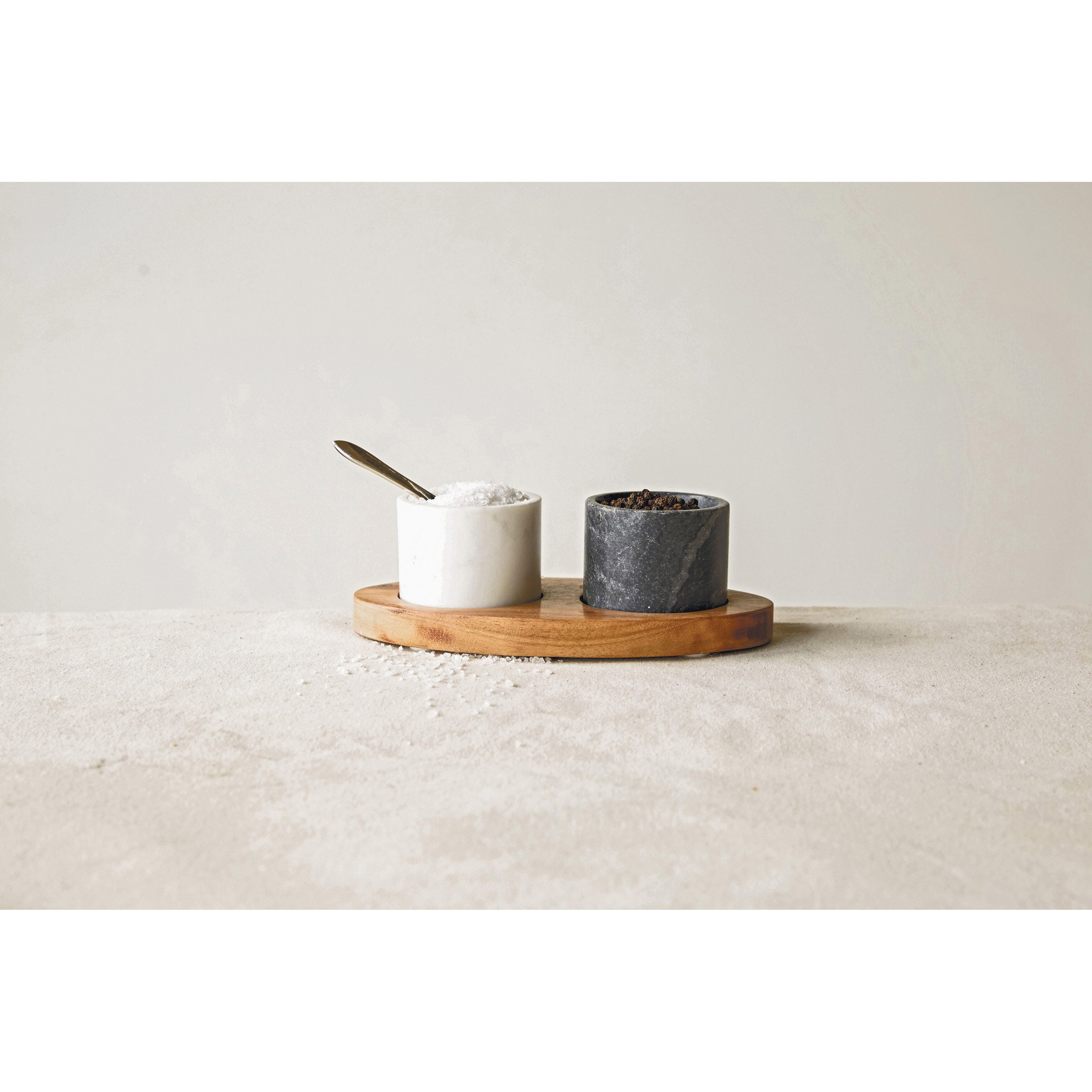8"l X 4-1/4"w Mango Wood Tray With 2 Marble Bowls With Brass Spoon, White And Black, Set Of 4, , rollover