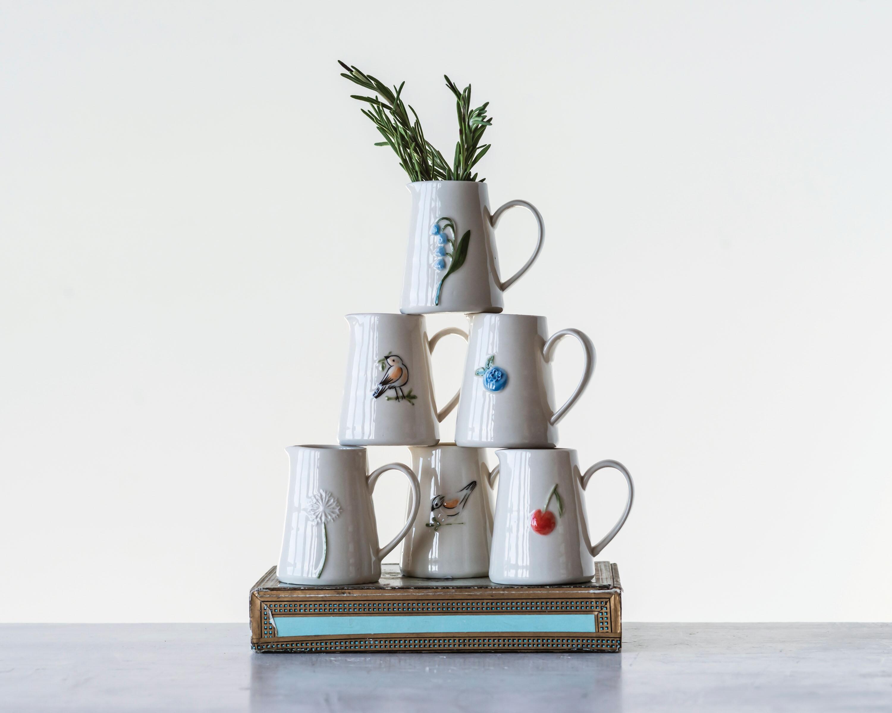 White Stoneware Creamer With Hand-painted And Embossed Birds (set Of 6 Designs), , large