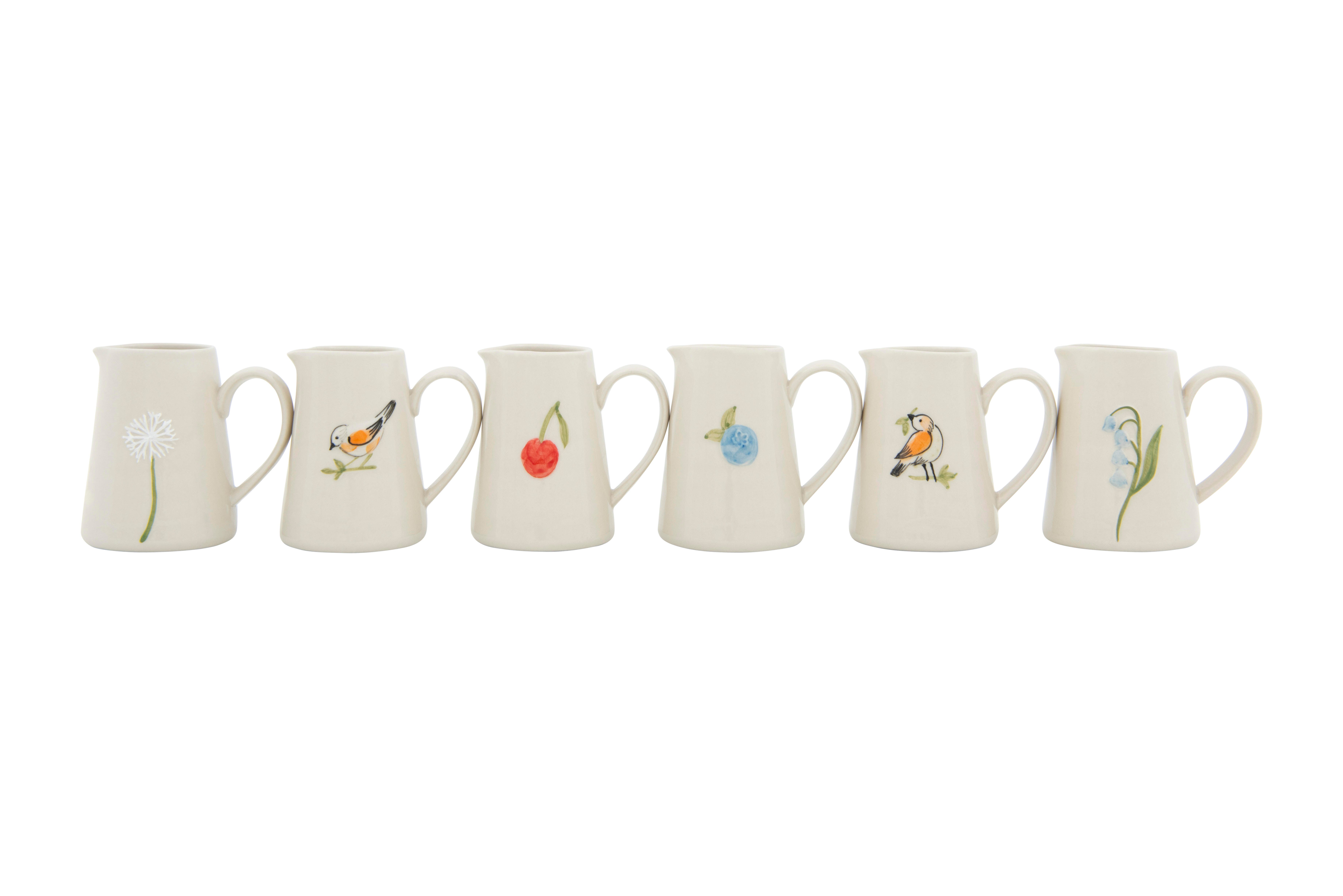 White Stoneware Creamer With Hand-painted And Embossed Birds (set Of 6 Designs), , large