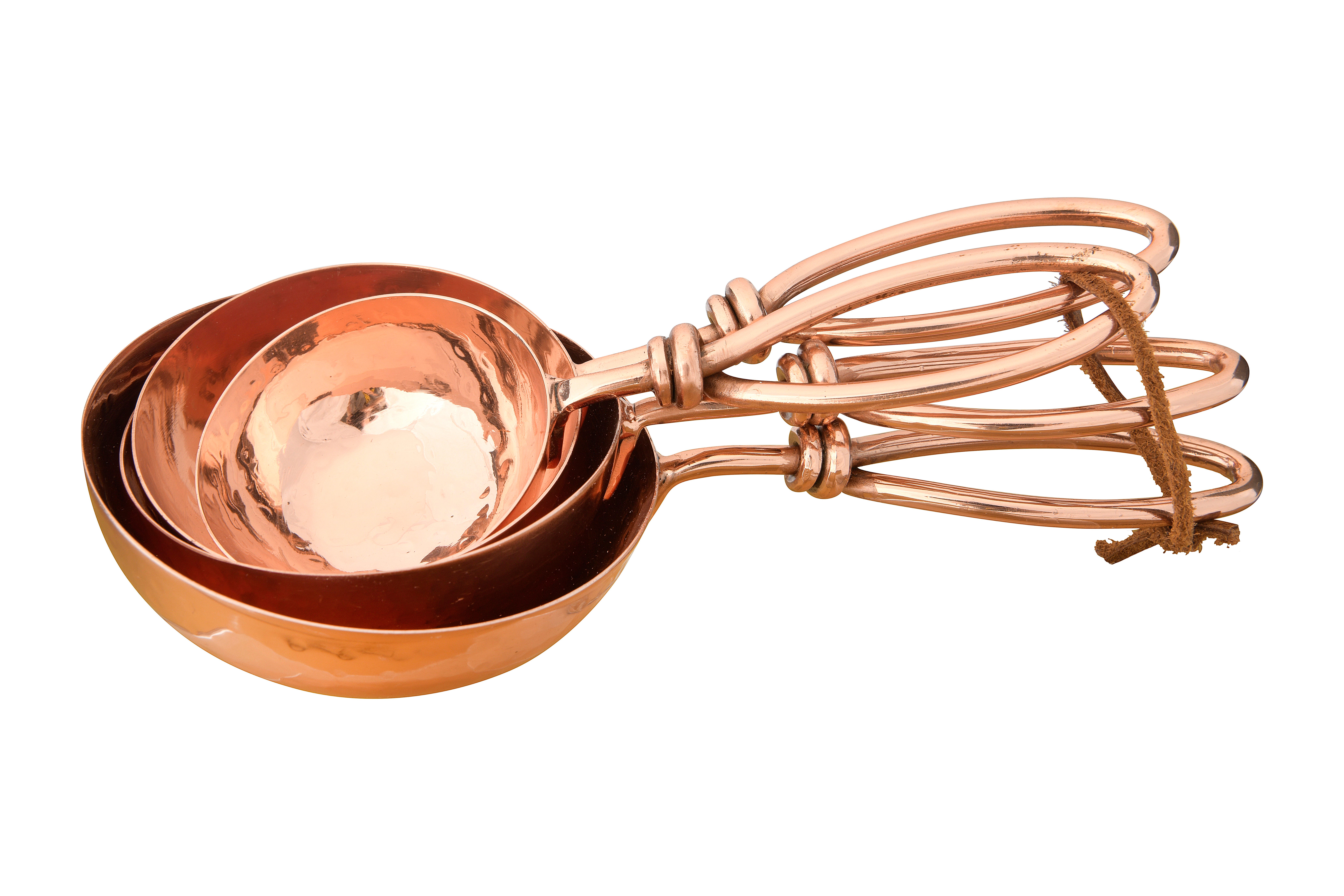 8"l Hammered Stainless Steel Scoops With Leather Tie, Copper Finish, Set Of 4, , swatch