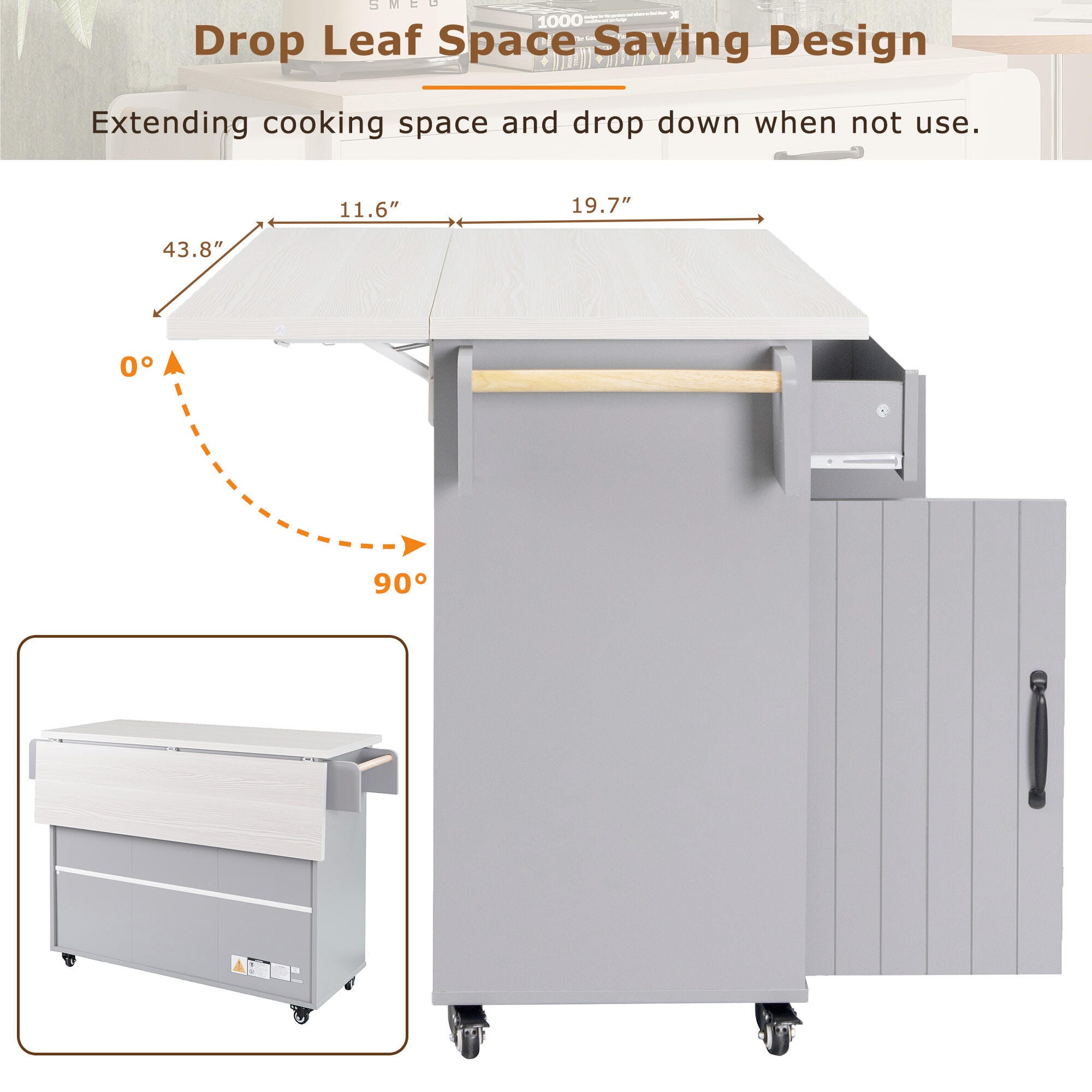 Dovelina Zenyra Kitchen Island with Storage Cabinet, Gray, large
