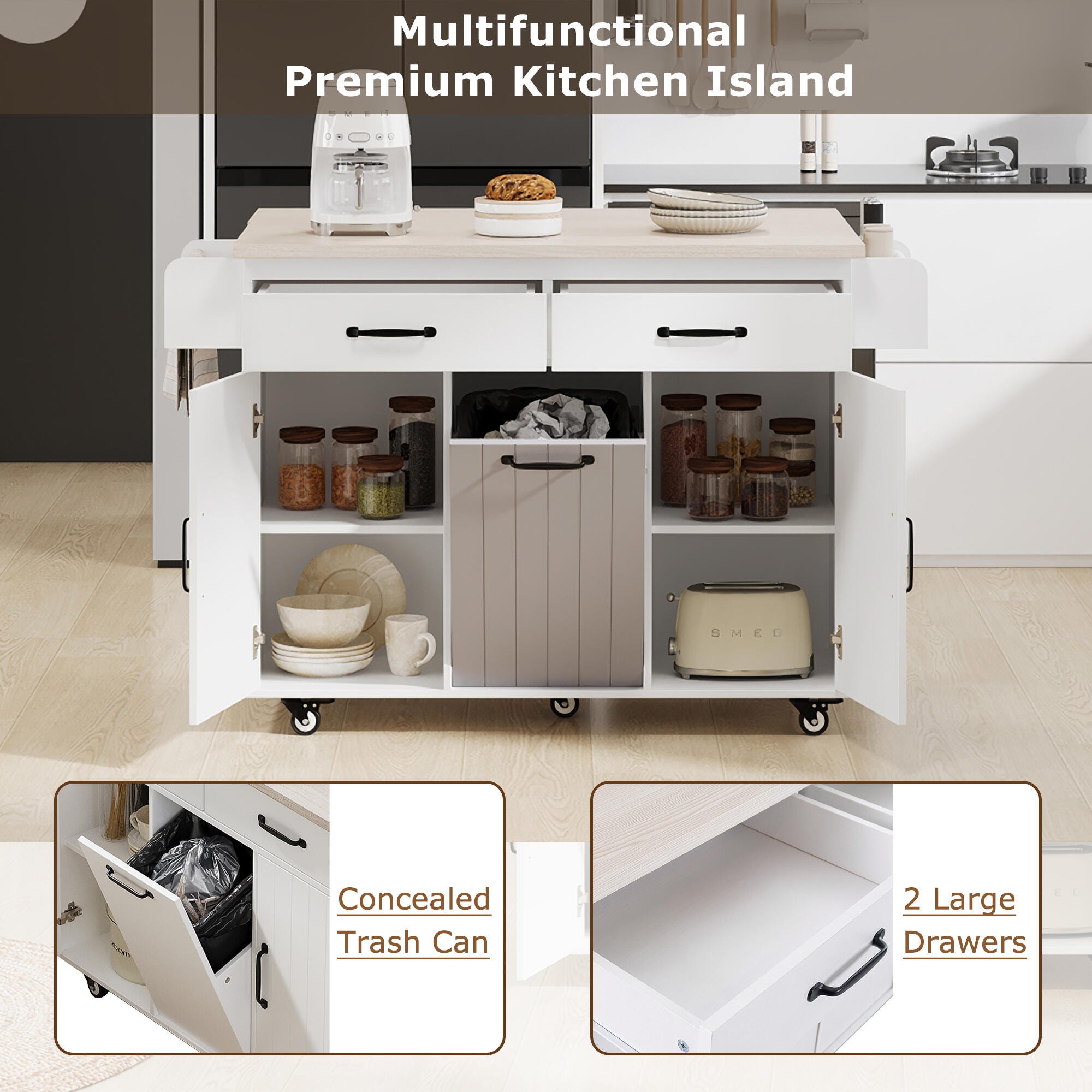 Dovelina Zenyra Kitchen Island with Storage Cabinet, White, large