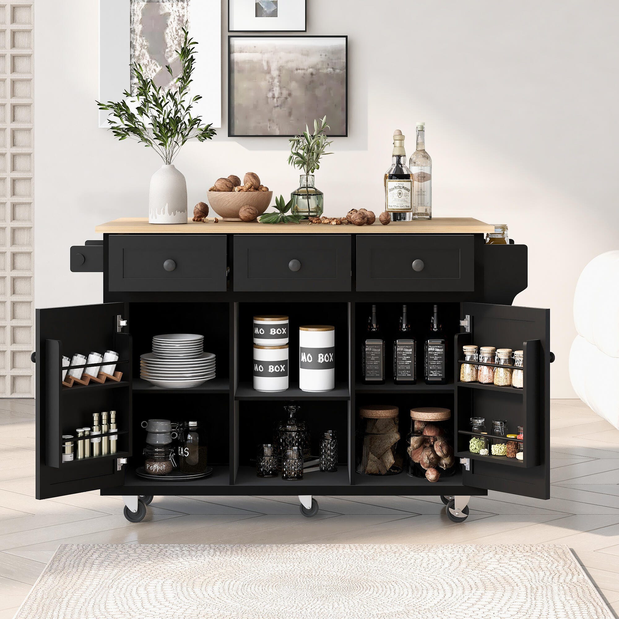 Dovelina Kiopy Kitchen Cart with Rubber wood, Black, large