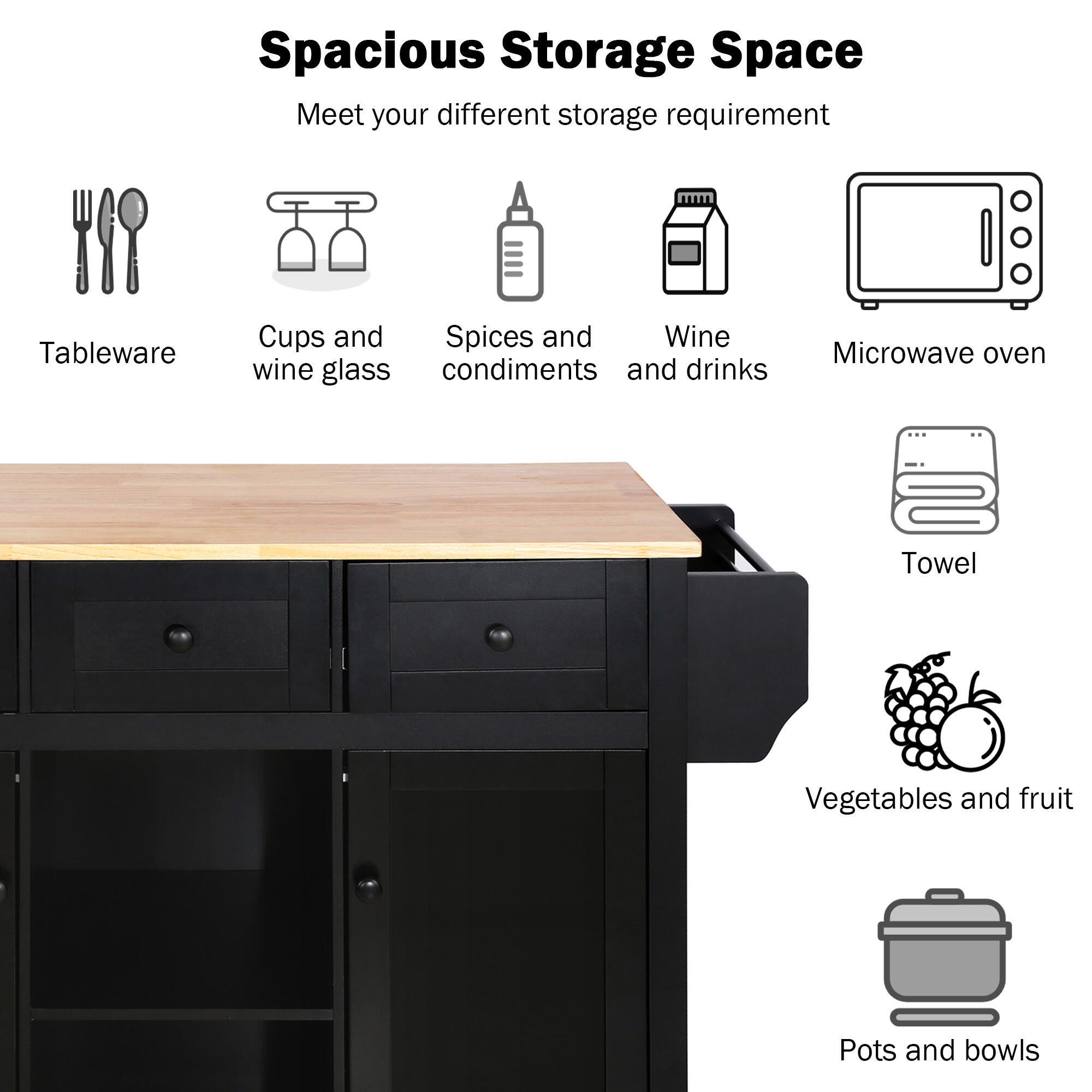 Dovelina Kiopy Kitchen Cart with Rubber wood, Black, large