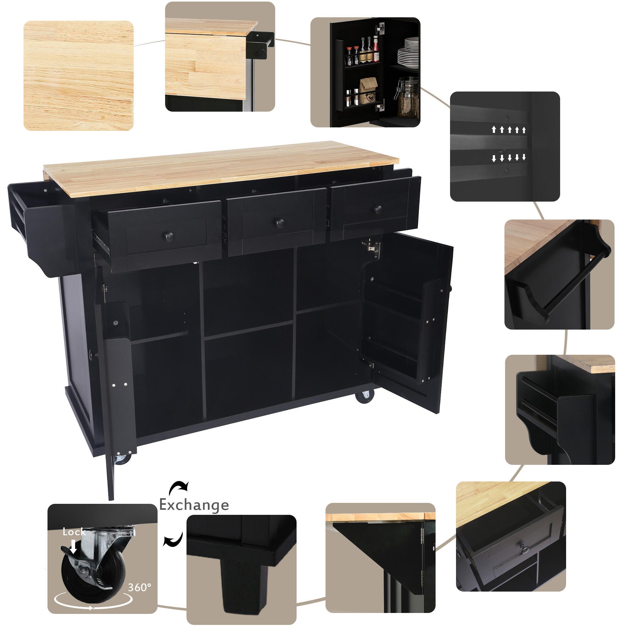 Dovelina Kiopy Kitchen Cart with Rubber wood, Black, large