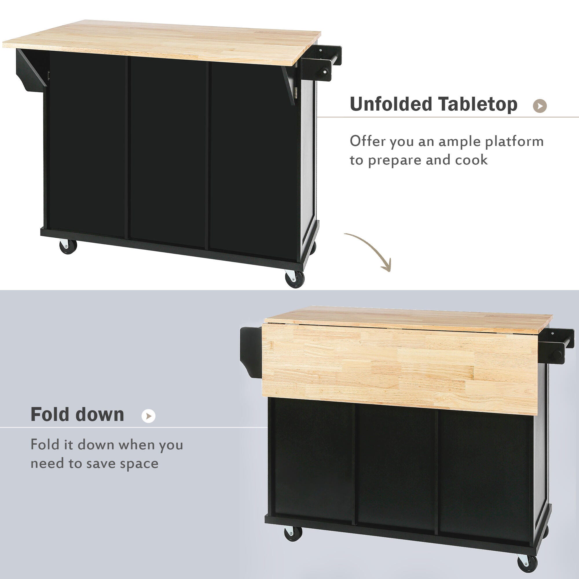Dovelina Kiopy Kitchen Cart with Rubber wood, Black, large