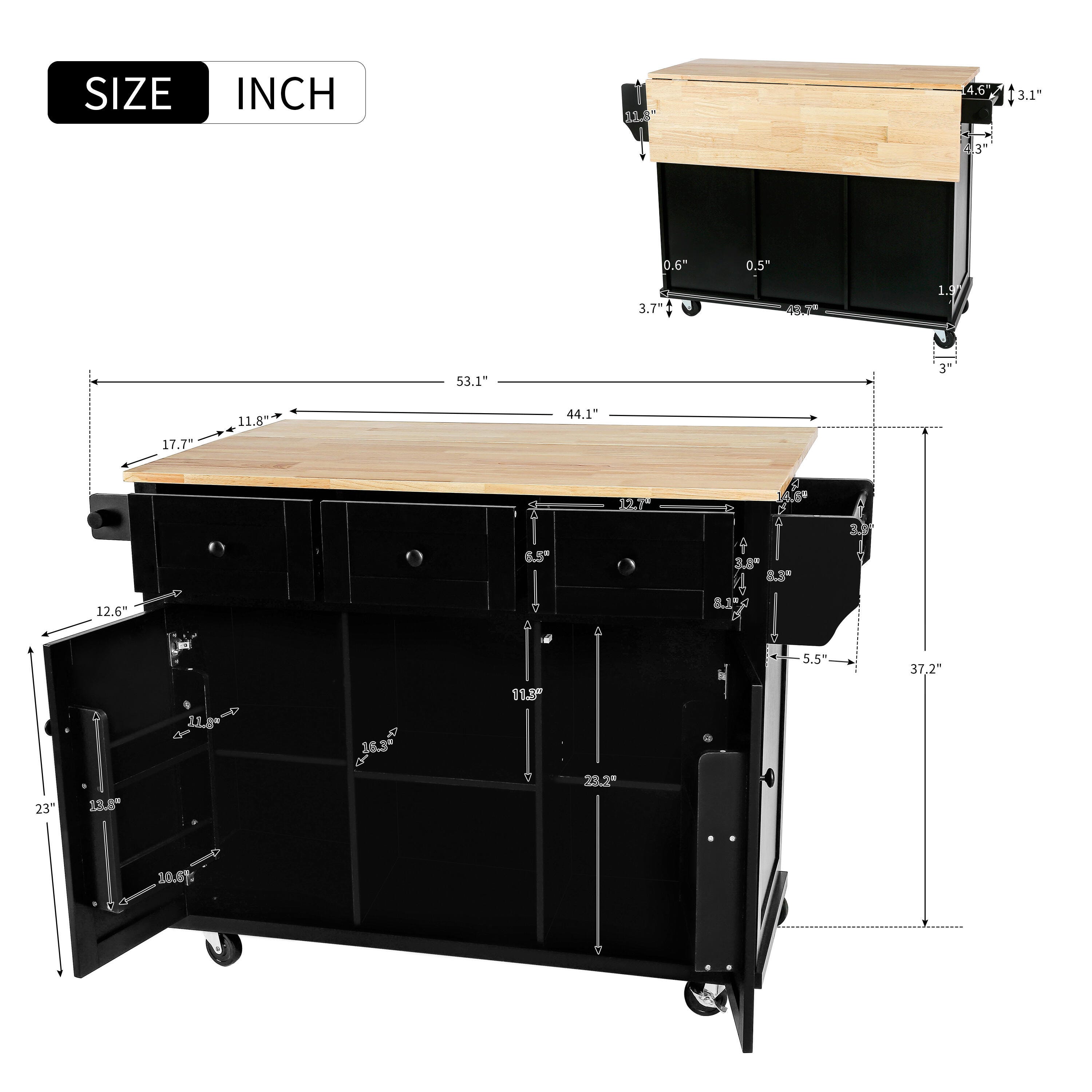 Dovelina Kiopy Kitchen Cart with Rubber wood, Black, large