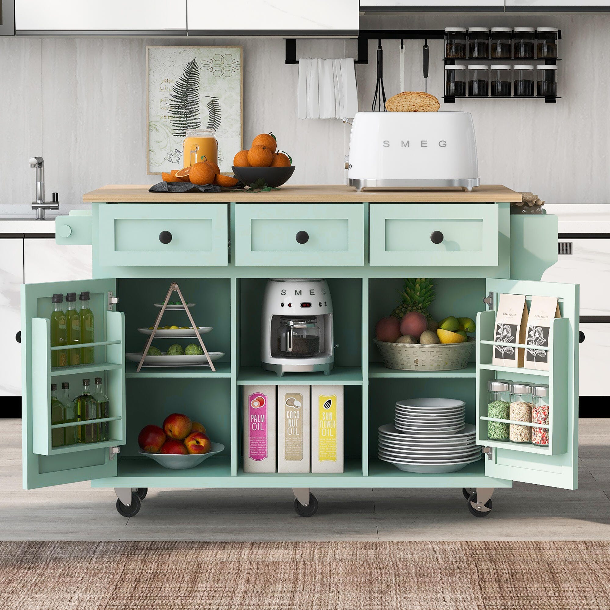 Dovelina Kiopy Kitchen Cart with Rubber wood, Green, rollover