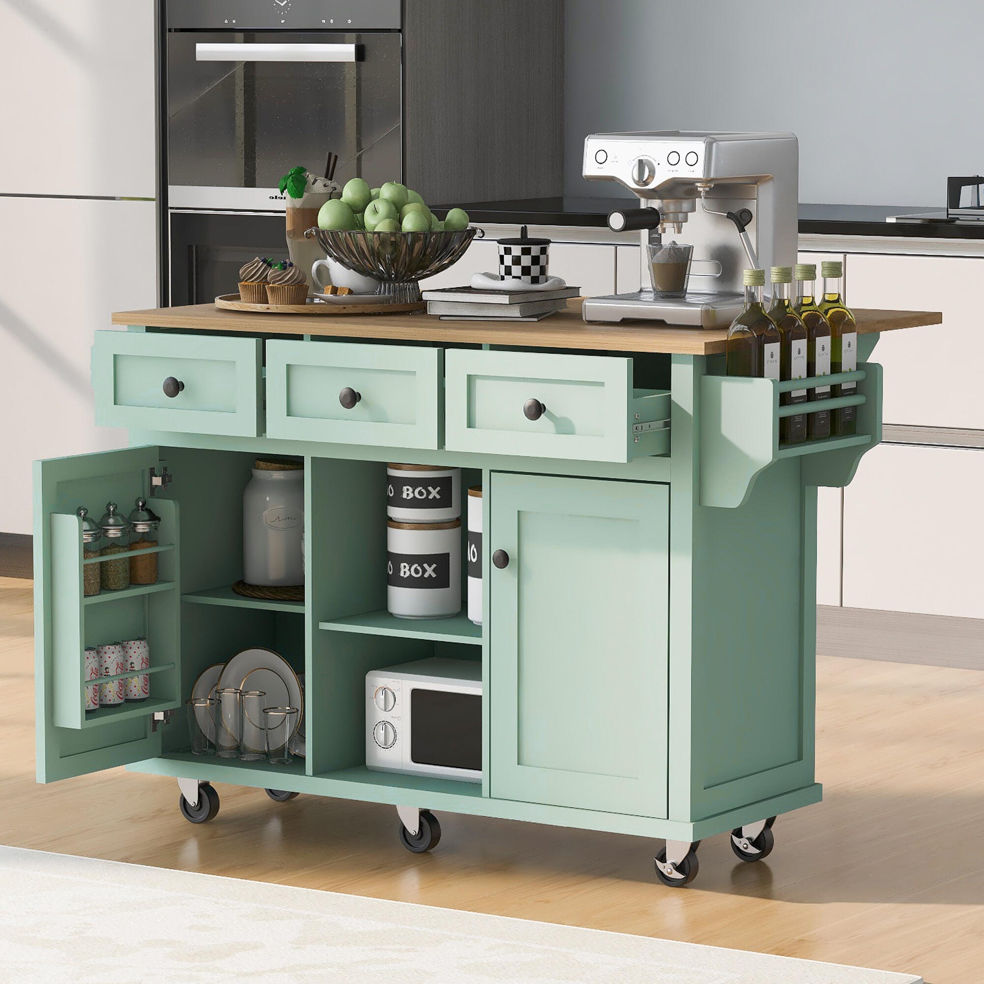Dovelina Kiopy Kitchen Cart with Rubber wood, Green, large