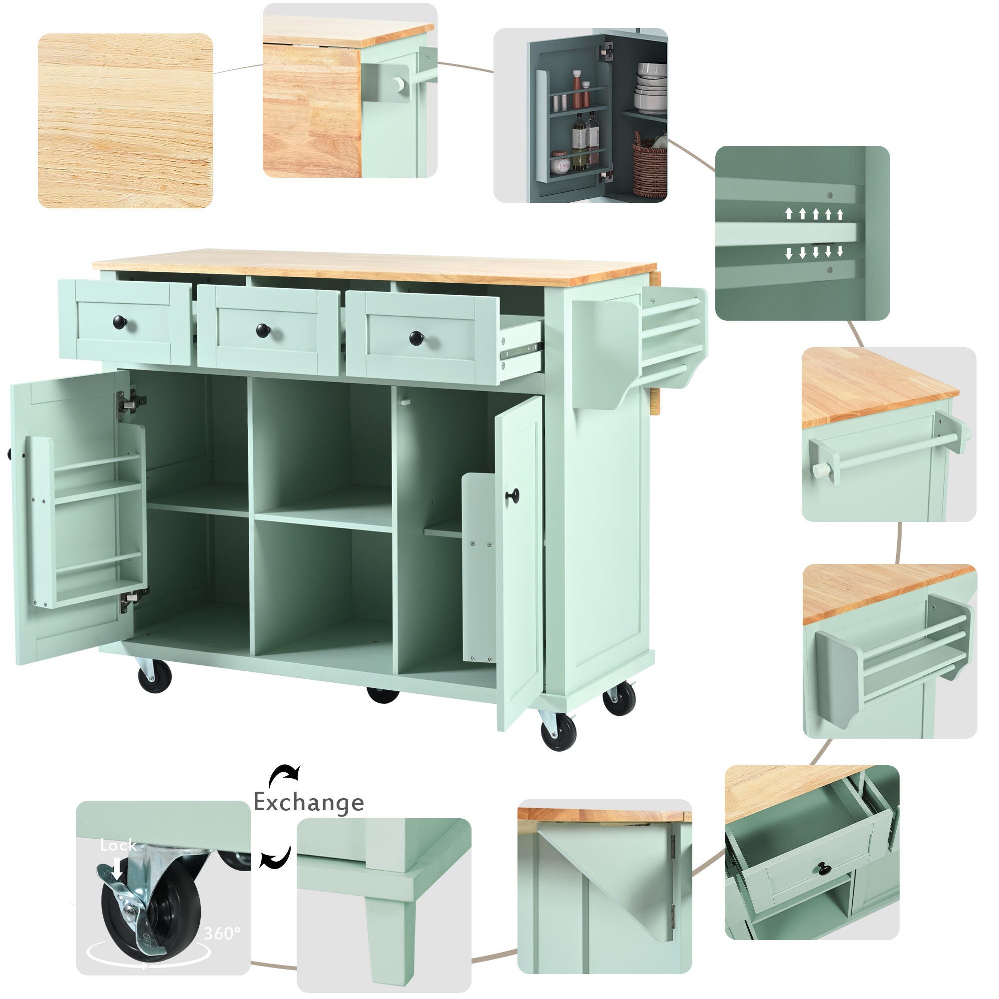 Dovelina Kiopy Kitchen Cart with Rubber wood, Green, large