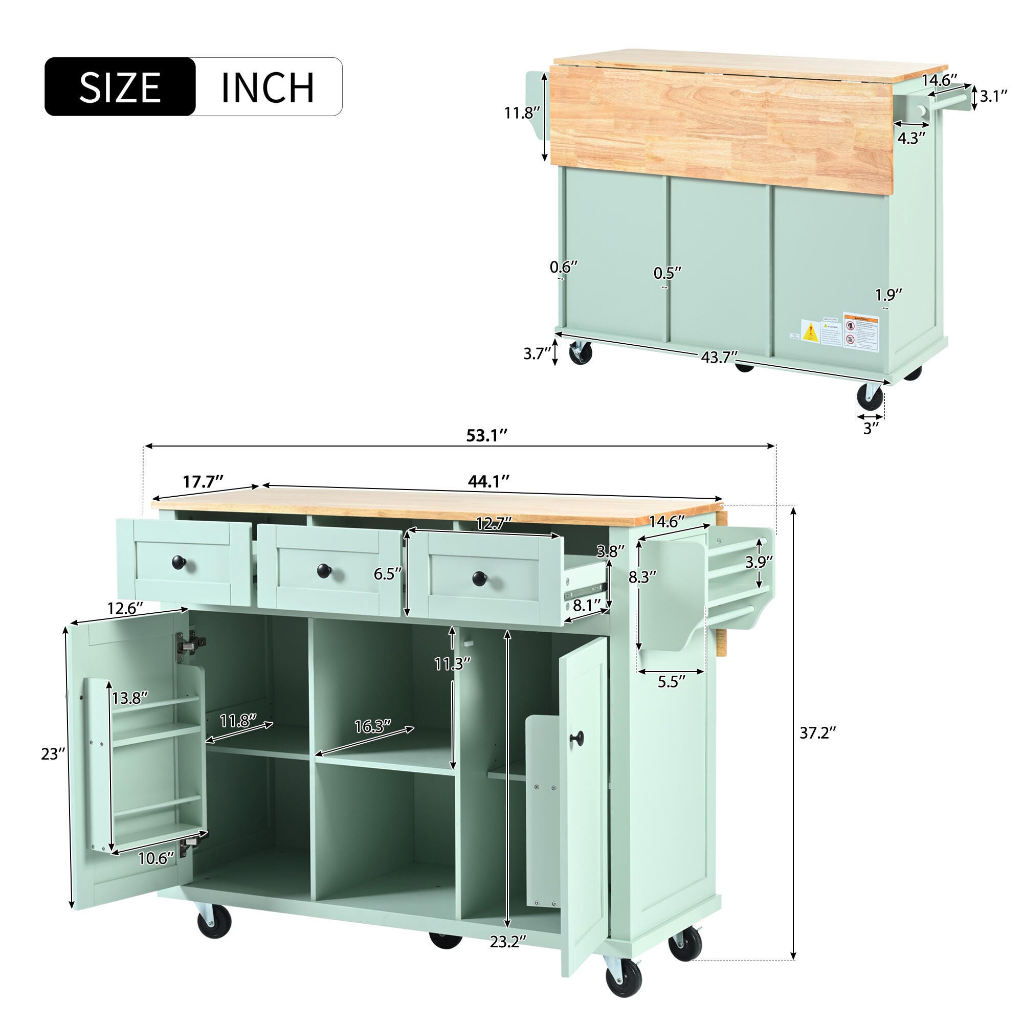 Dovelina Kiopy Kitchen Cart with Rubber wood, Green, large