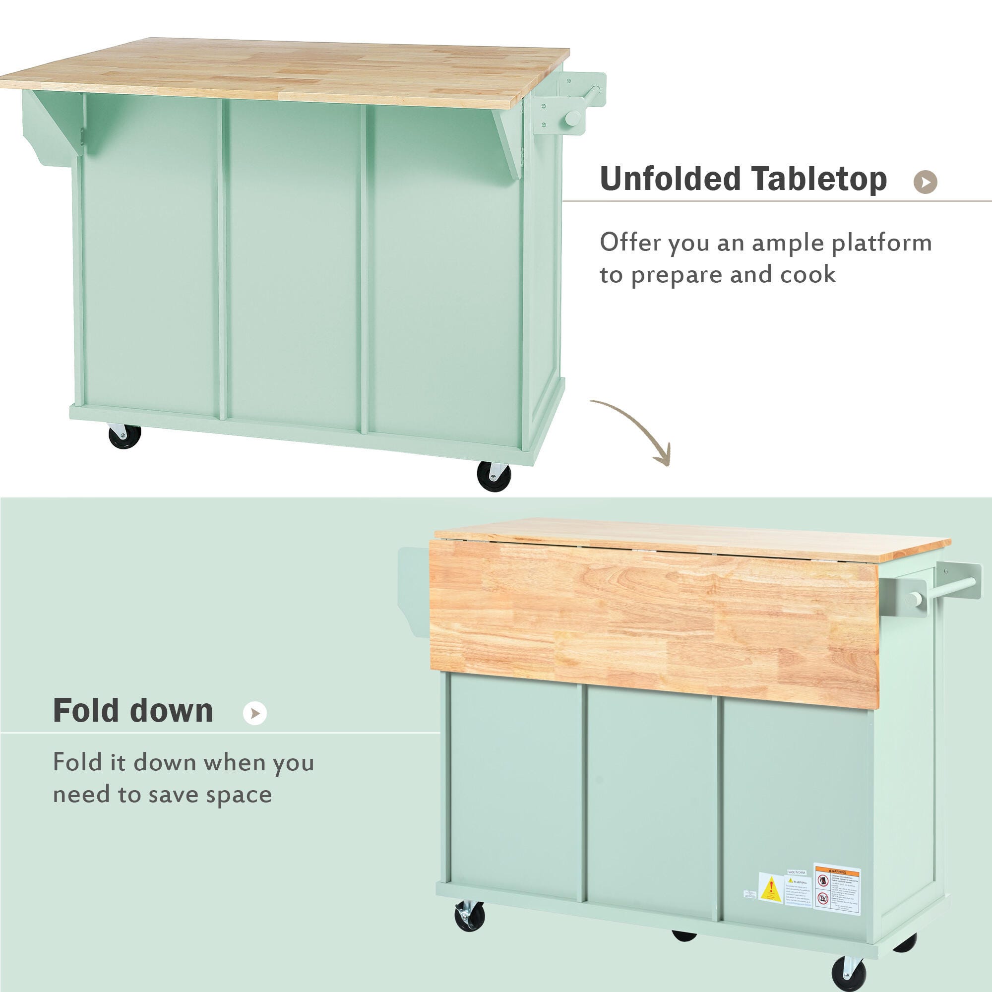 Dovelina Kiopy Kitchen Cart with Rubber wood, Green, large