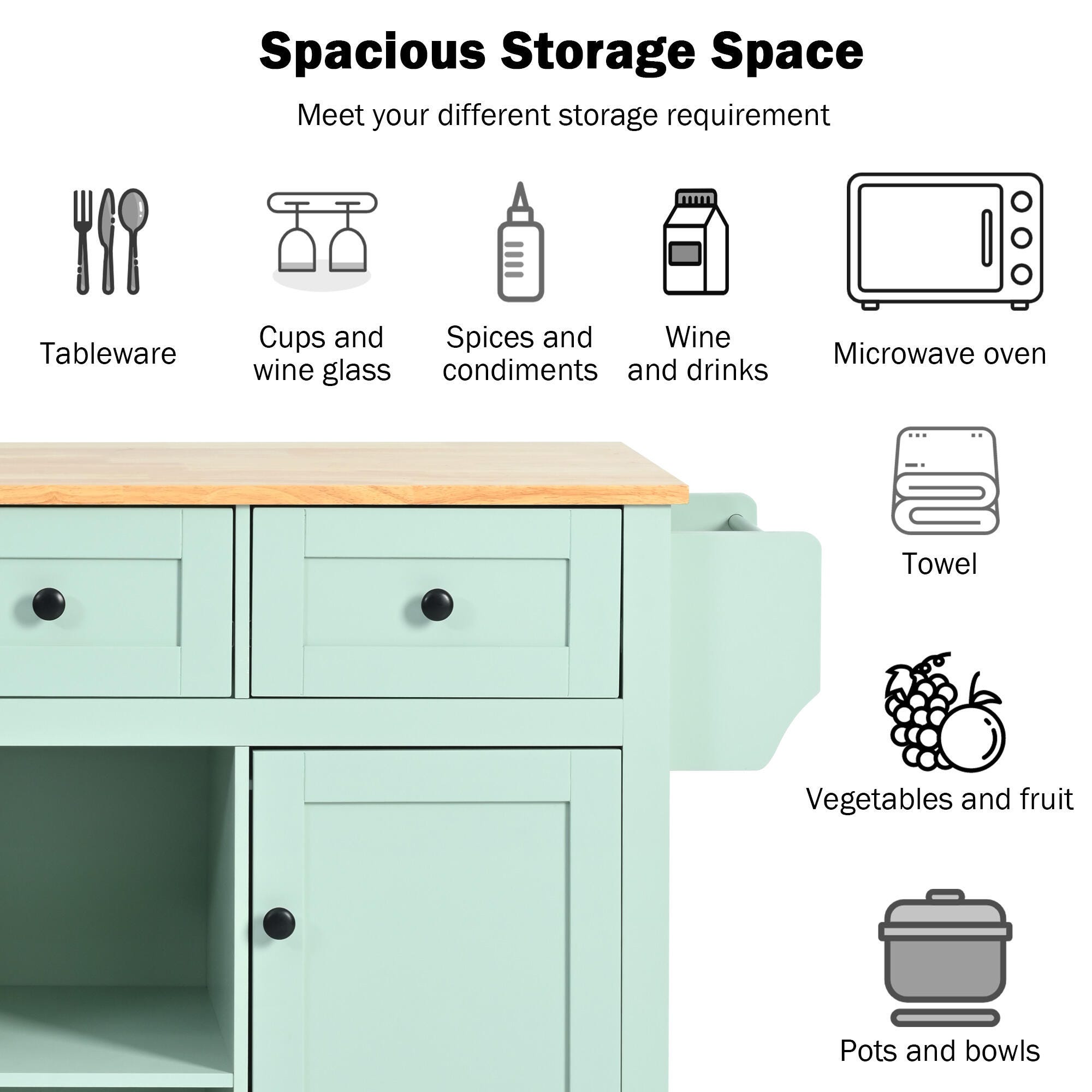 Dovelina Kiopy Kitchen Cart with Rubber wood, Green, large