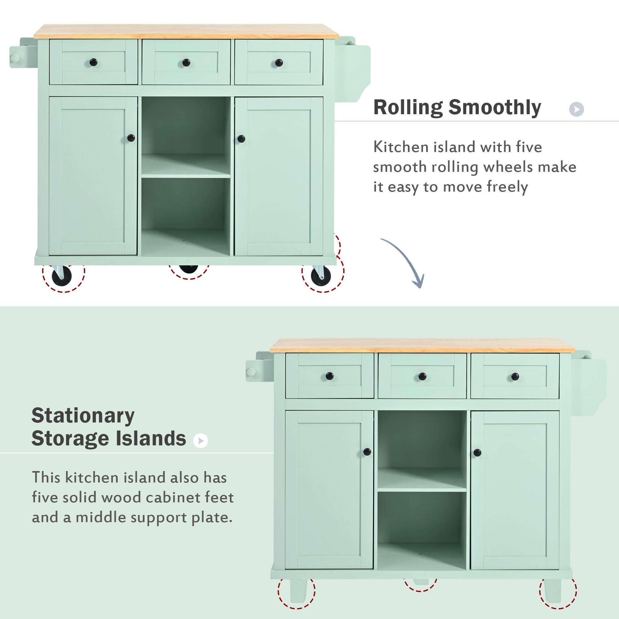 Dovelina Kiopy Kitchen Cart with Rubber wood, Green, large