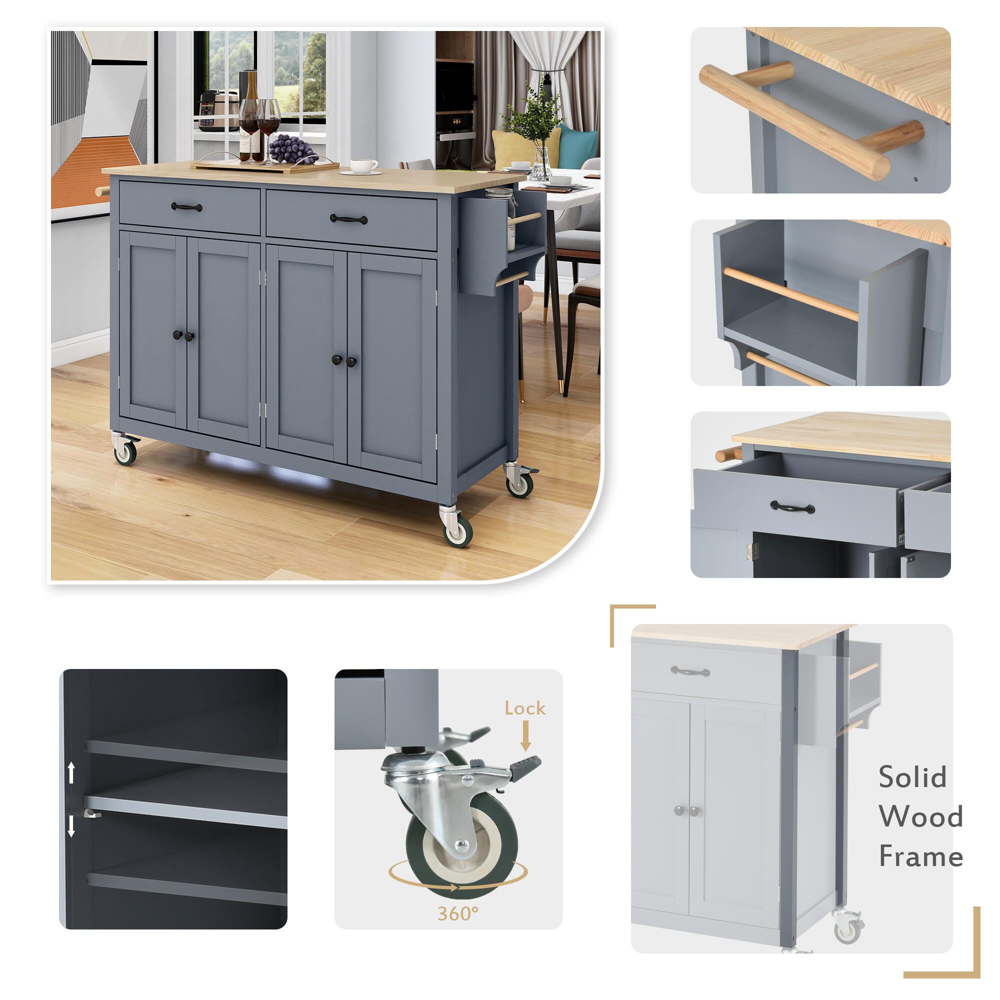 Dovelina Kiopy Kitchen Island Cart with Solid Wood Top, Blue, large