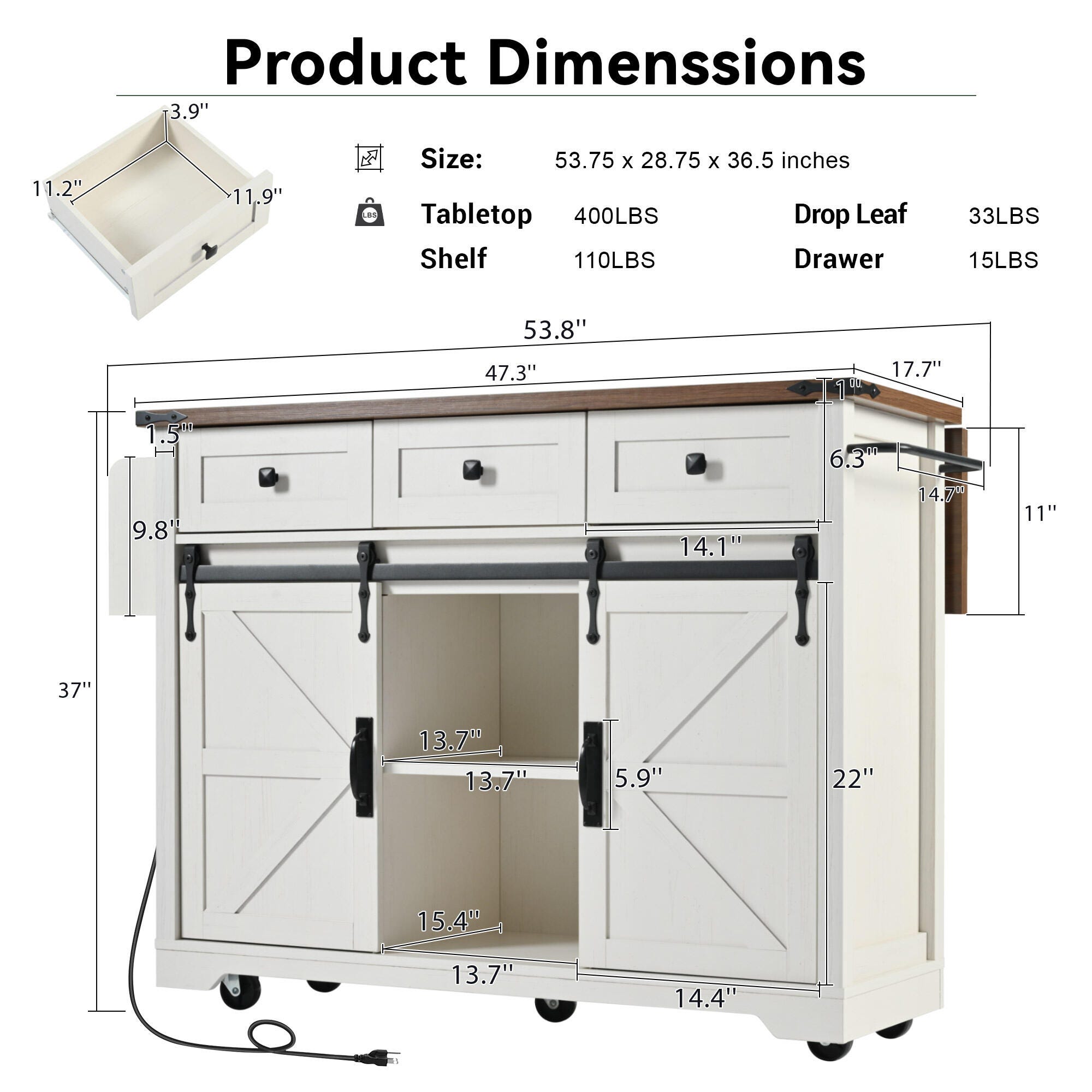 Dovelina Kiopy Kitchen Island with Power Outlet, White, large